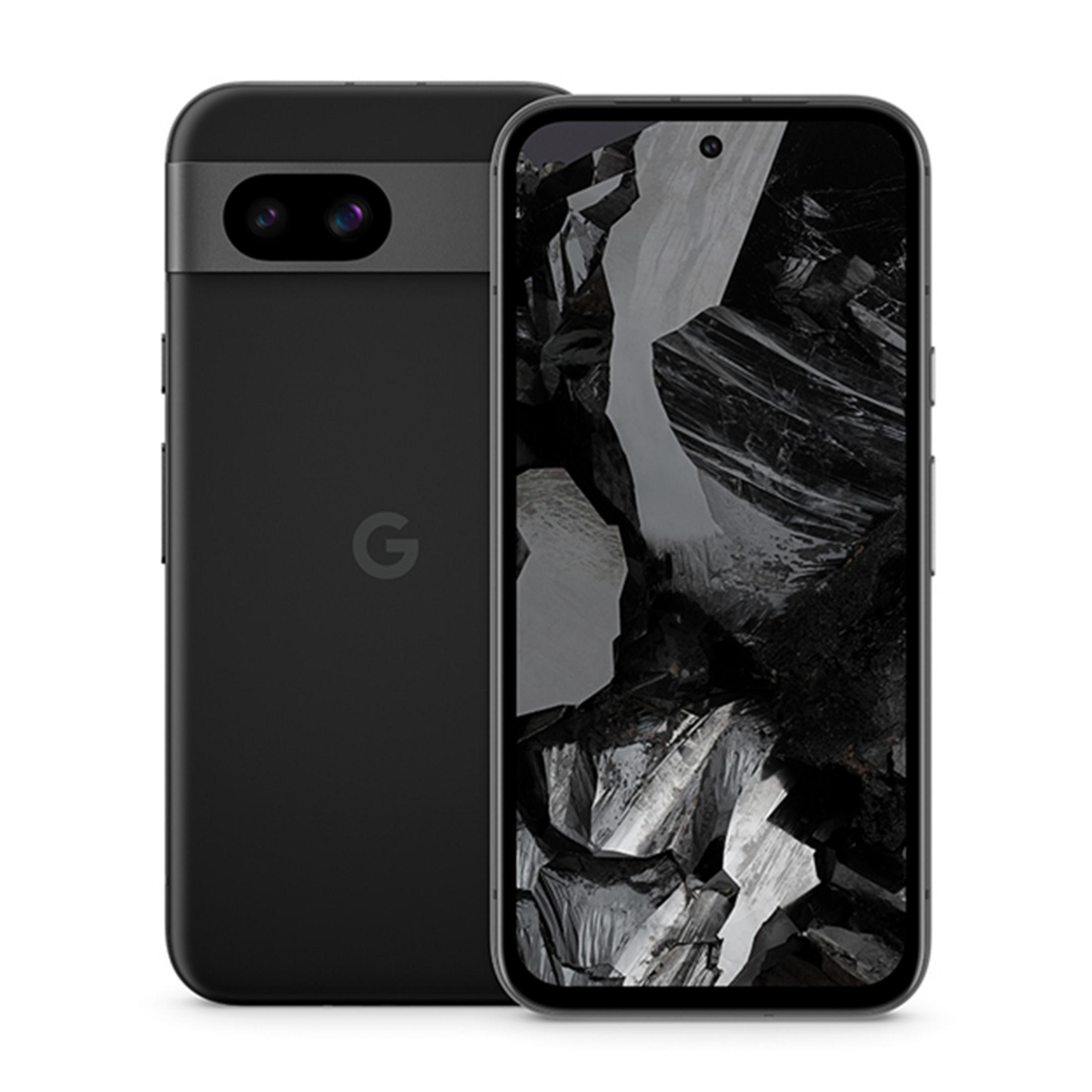 Czarny smartfon Google Pixel z podwójnym aparatem z tyłu i abstrakcyjną tapetą.