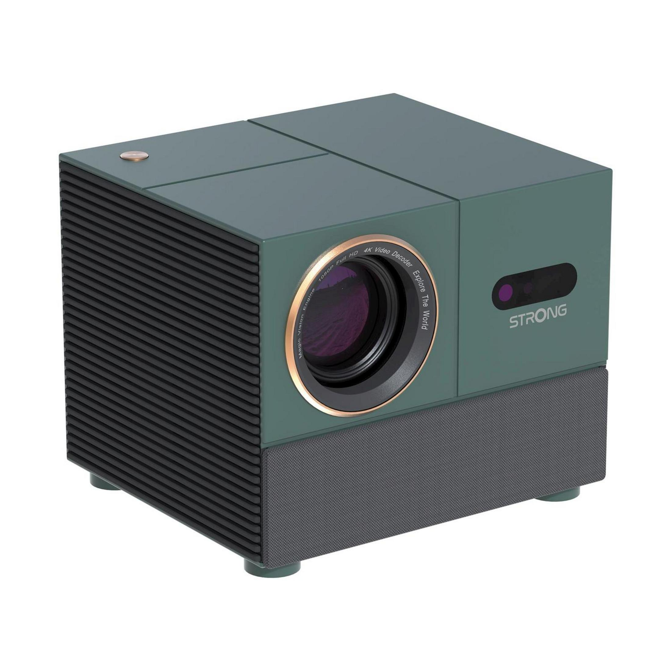 Kompaktowy, zielony projektor z obręczem soczewki i szczelinami wentylacyjnymi.