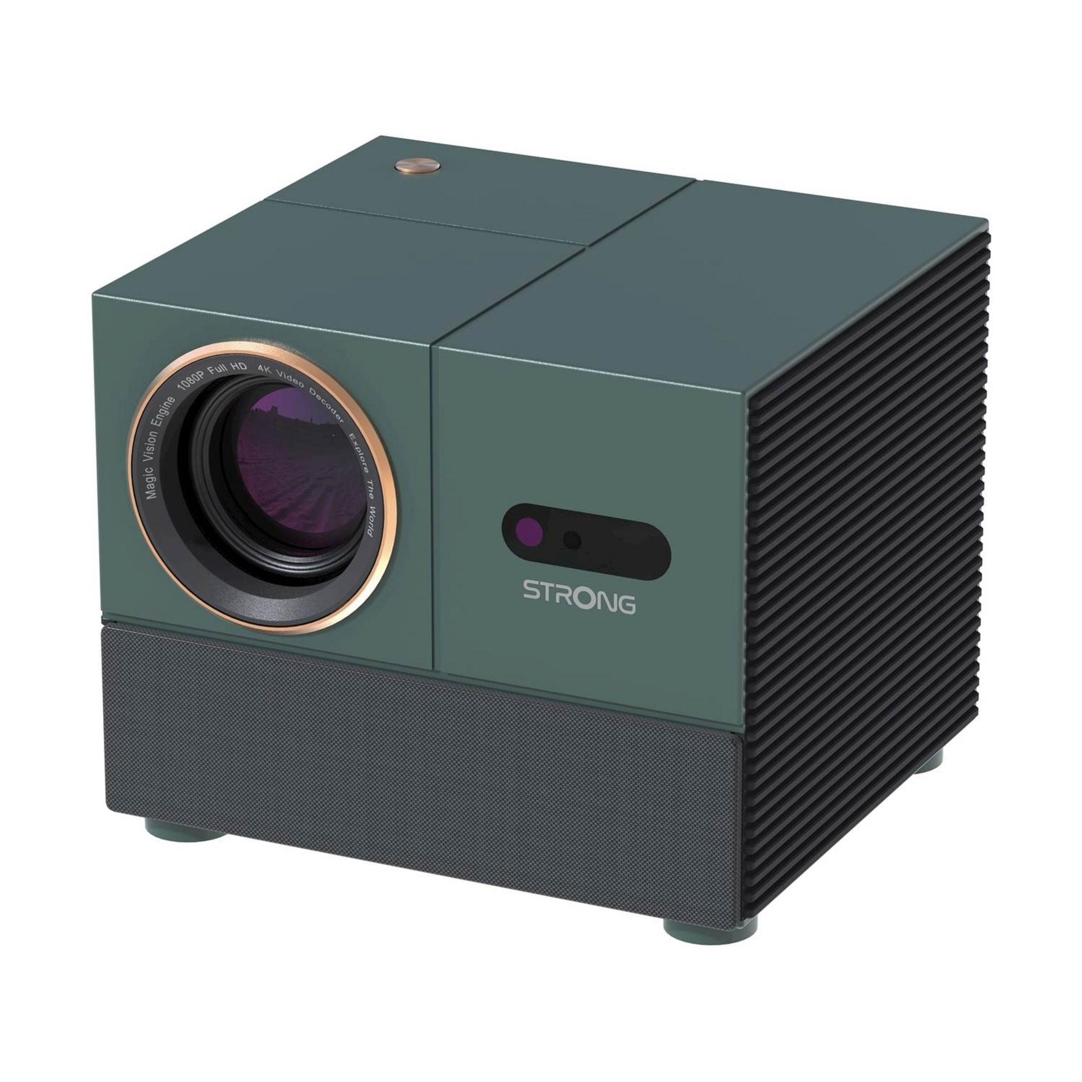Zielony projektor z obiektywem, otworami wentylacyjnymi i logo STRONG.