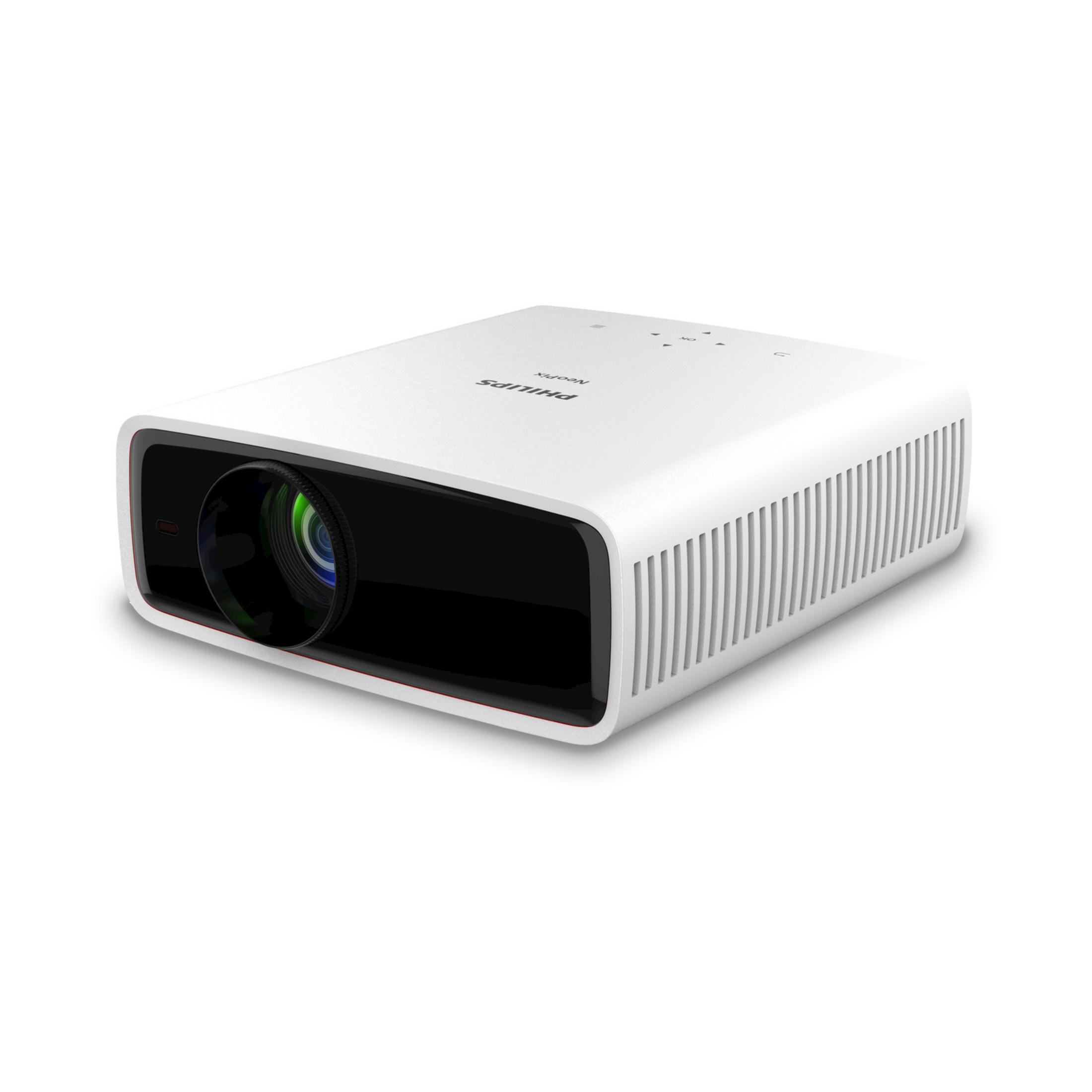 A white Philips Neopix projector with lens and vents, set against a white background.