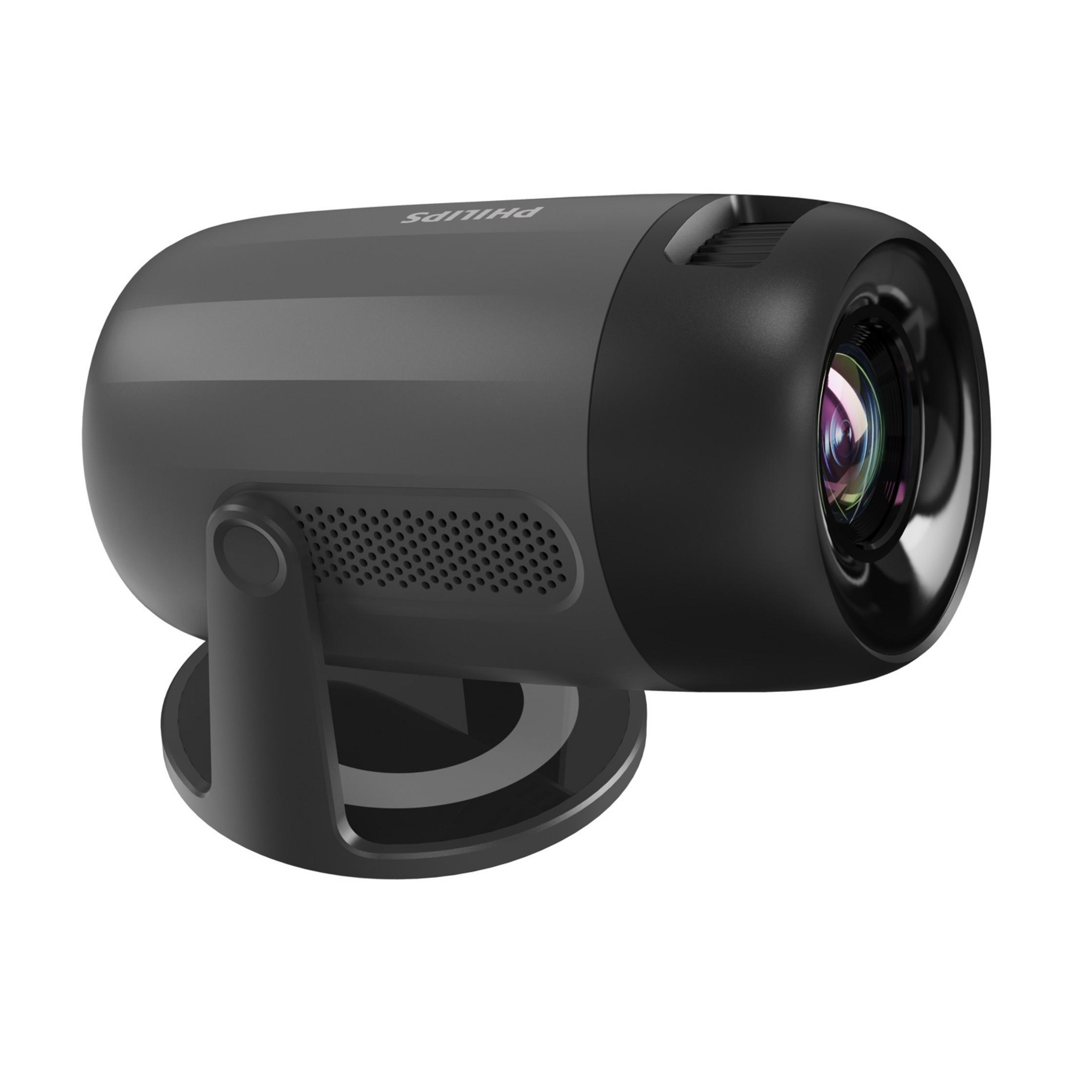 Ein grauer Philips Projektor auf einem Ständer, mit Linse vorne und Lüftungsschlitzen seitlich.