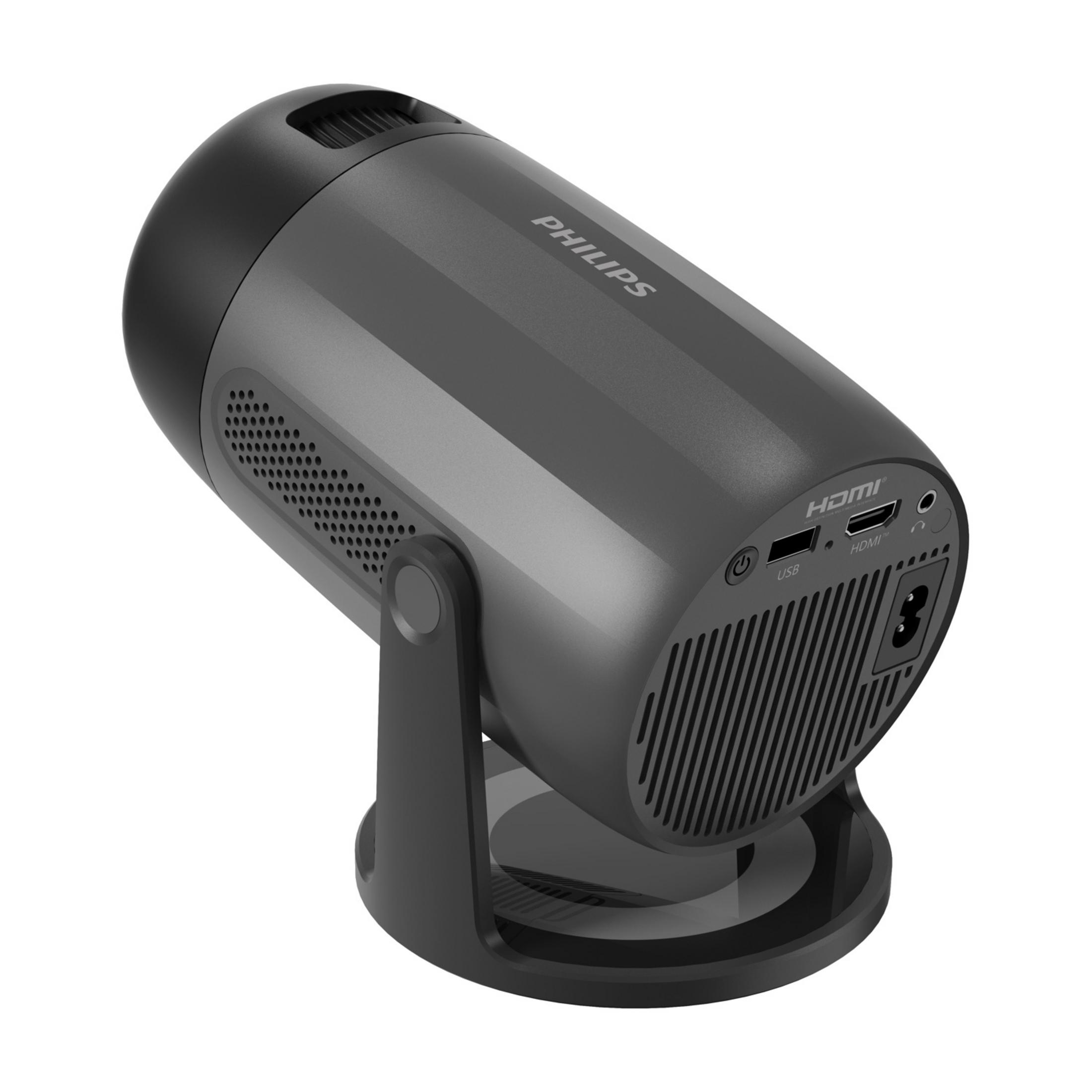 Ein kompakter, dunkler Philips Projektor mit HDMI- und USB-Anschlüssen auf einem Ständer.