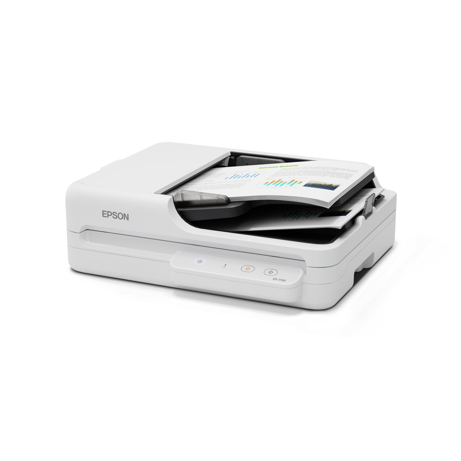 Een witte Epson DS-1730 scanner met documenten erin.