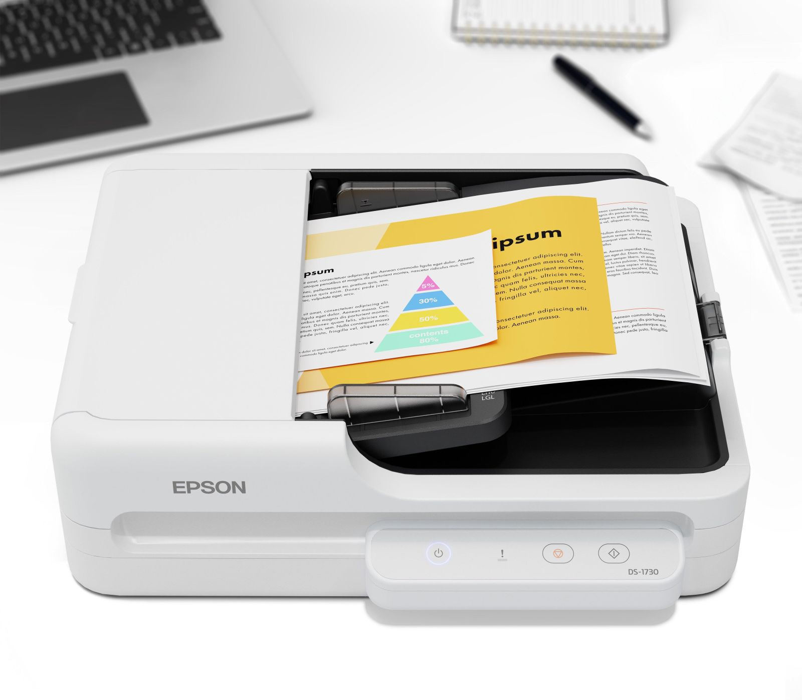 Een witte Epson printer met bedrukt papier dat een piramidediagram toont.