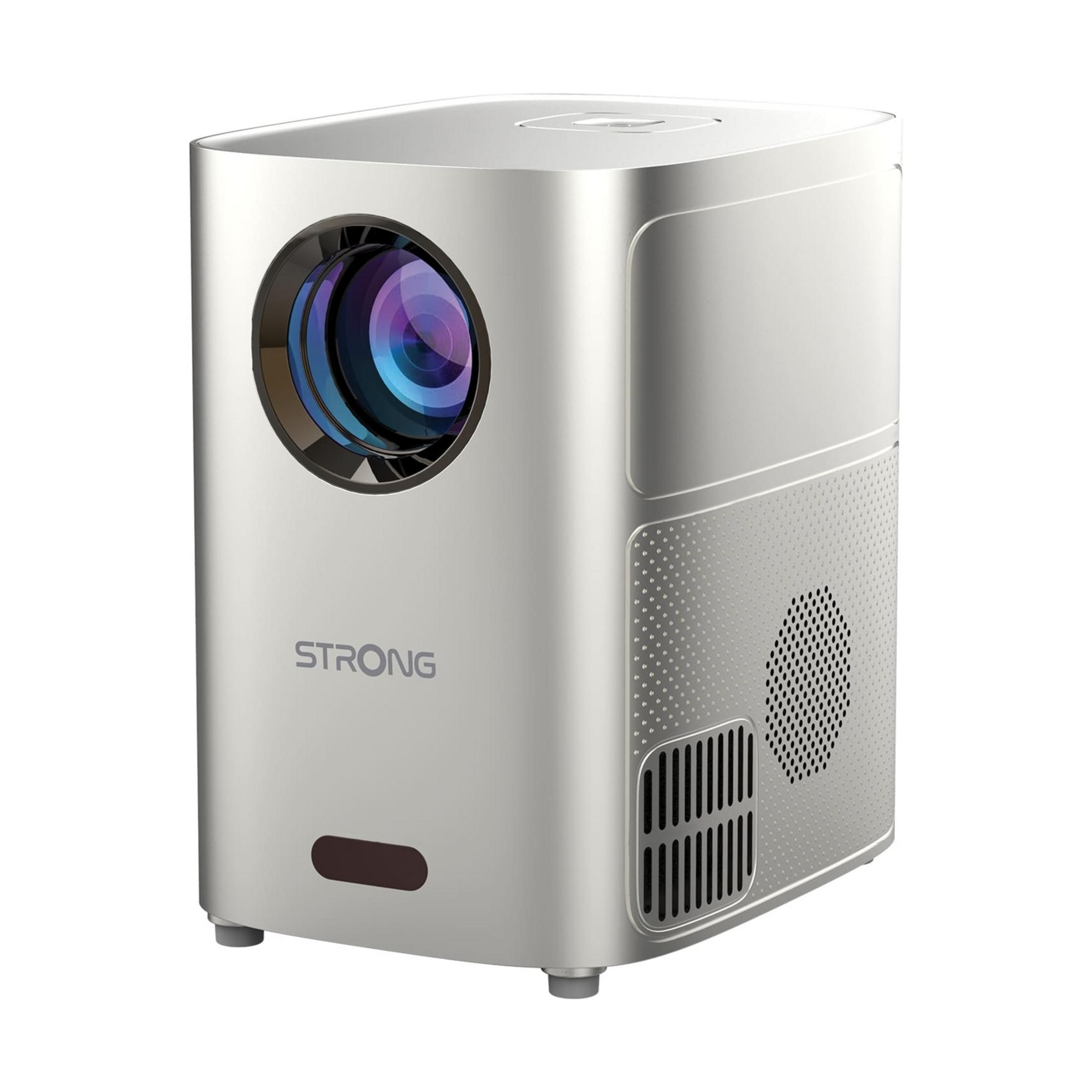 Srebrny projektor z obiektywem i otworami wentylacyjnymi.