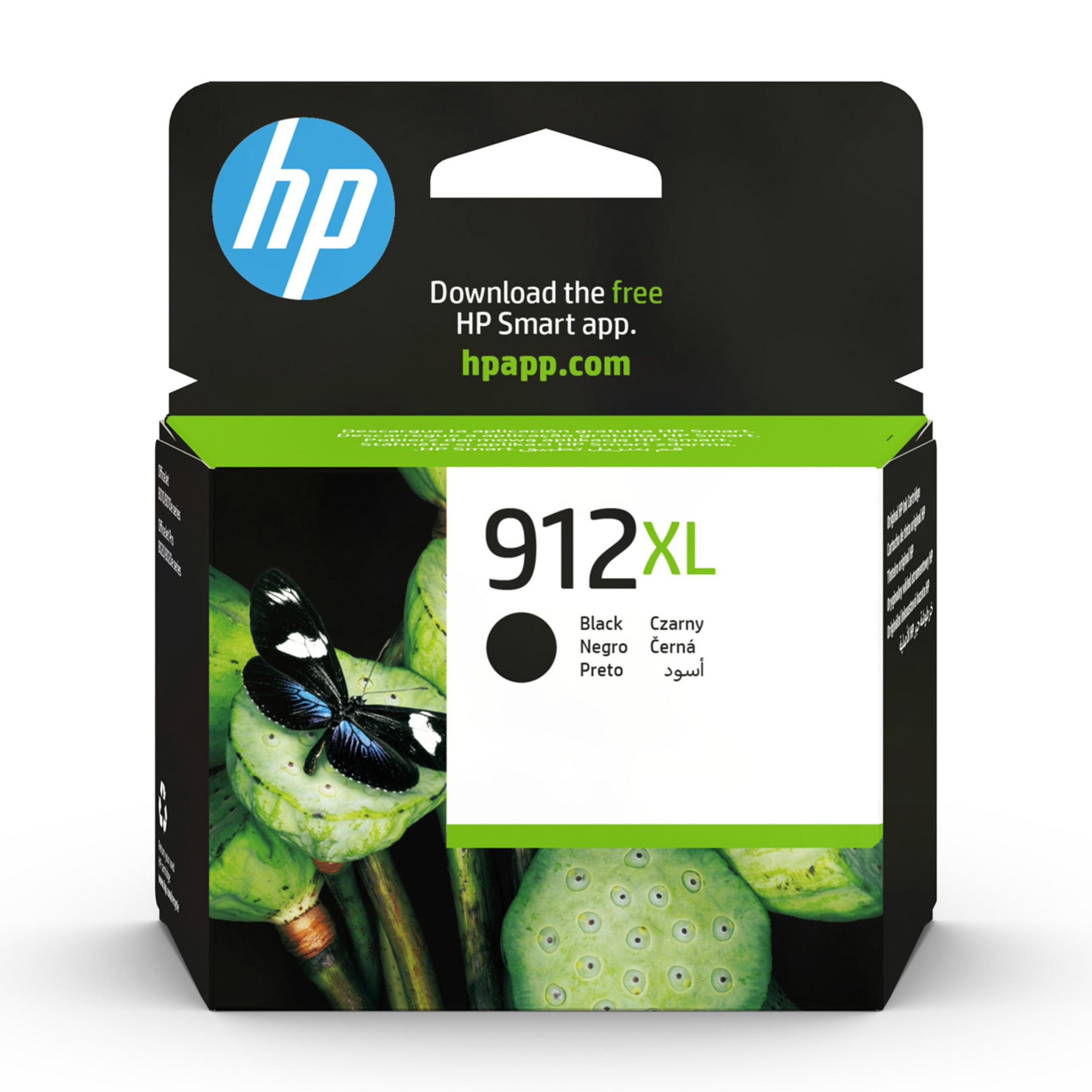 Czarny tusz HP 912XL z motylem na łupinach nasion lotosu.