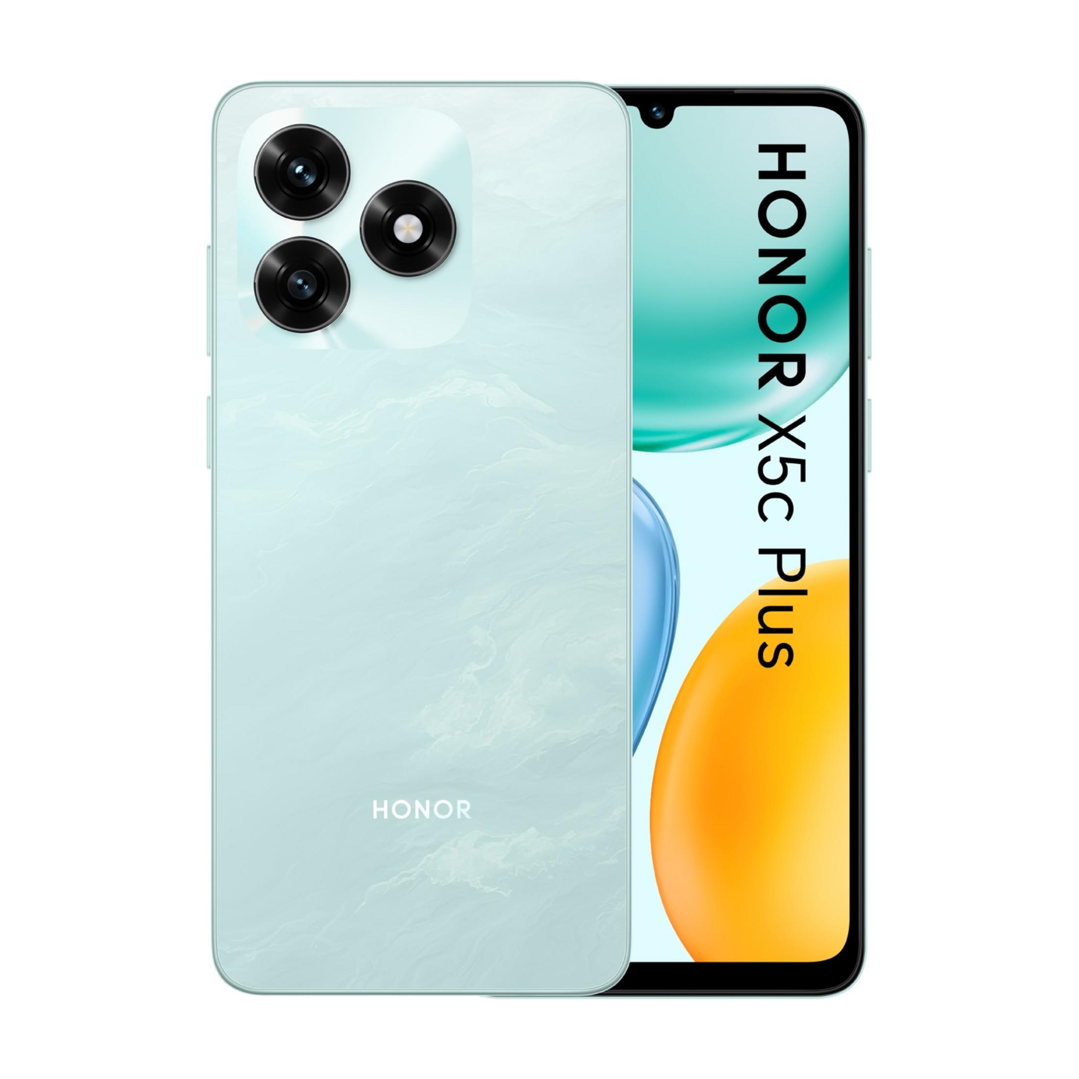Uno smartphone Honor X5c Plus verde chiaro con tre fotocamere e il logo Honor.