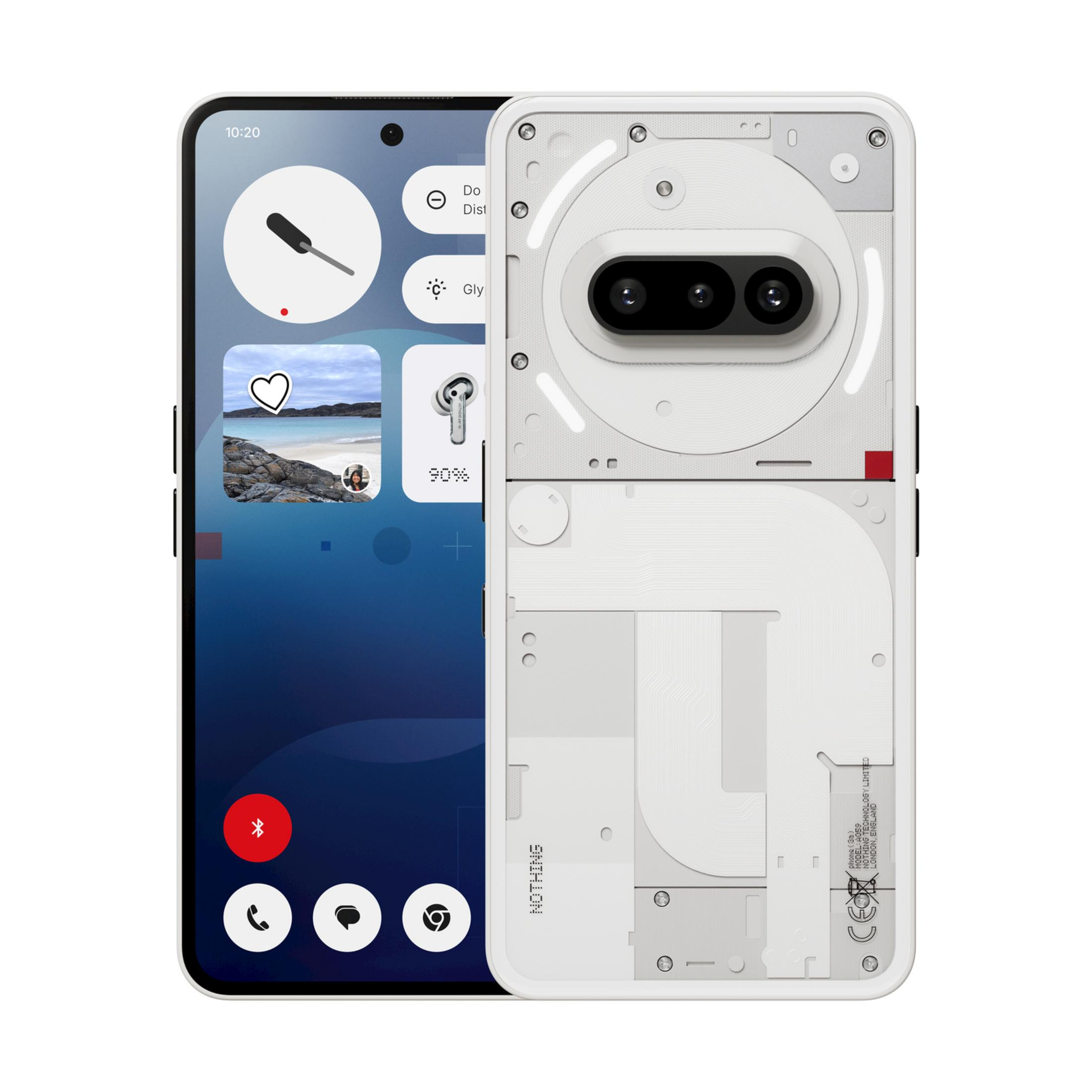 Uno smartphone bianco con retro trasparente che mostra i componenti interni.