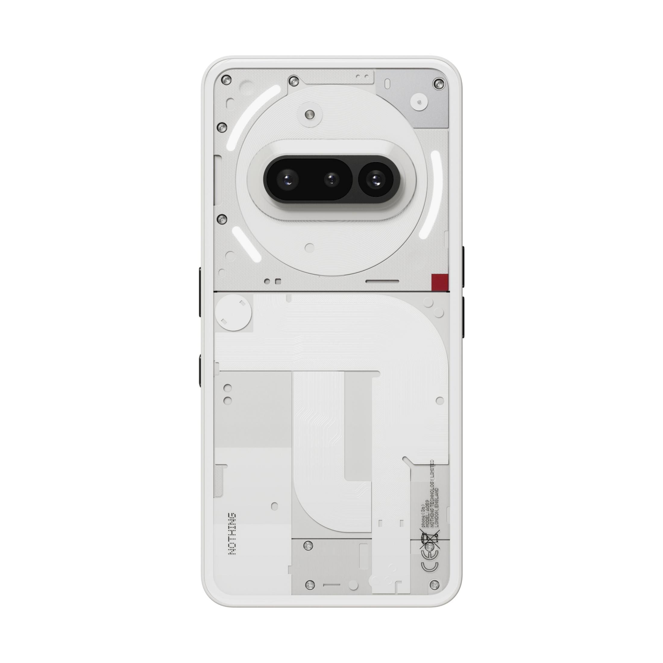 Vista posteriore di uno smartphone bianco che mostra la struttura interna e le telecamere.