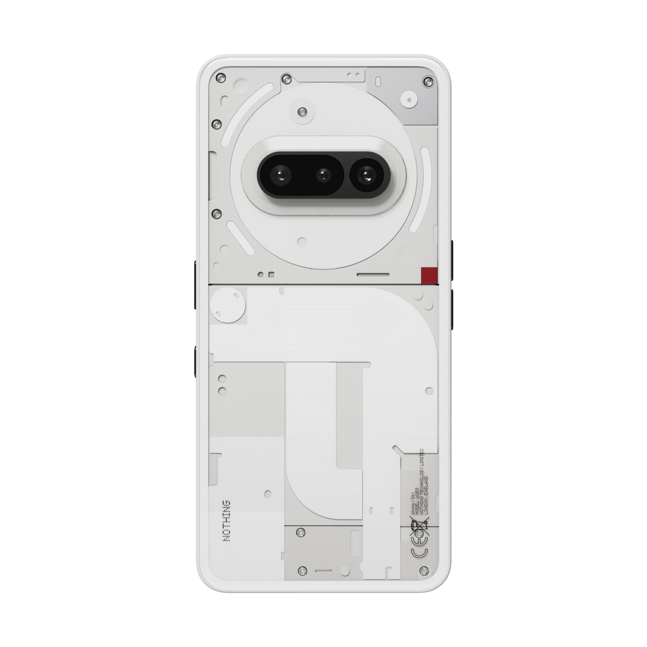Retro di uno smartphone bianco con doppia fotocamera e logo.