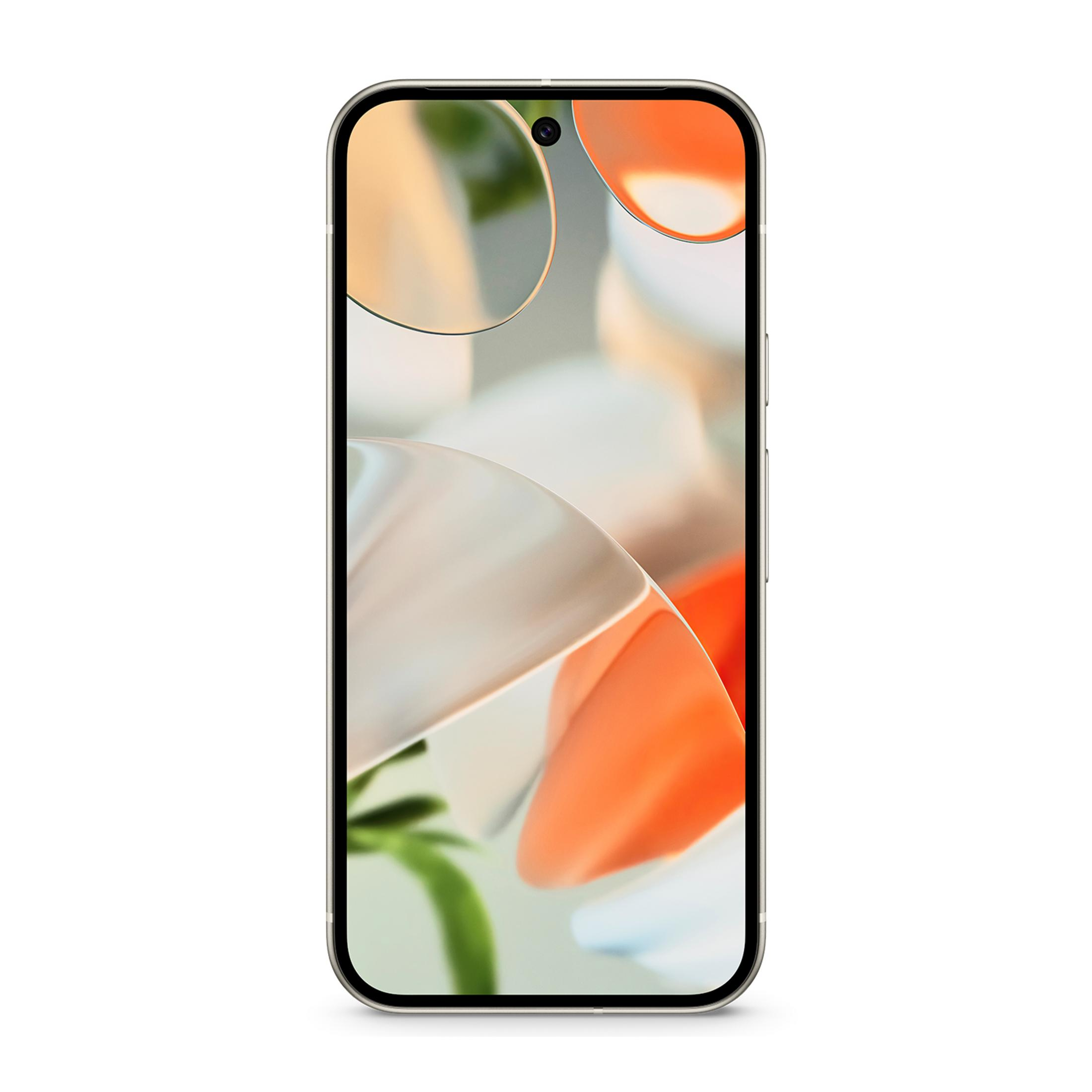 Srebrny smartfon z abstrakcyjną, kolorową tapetą.