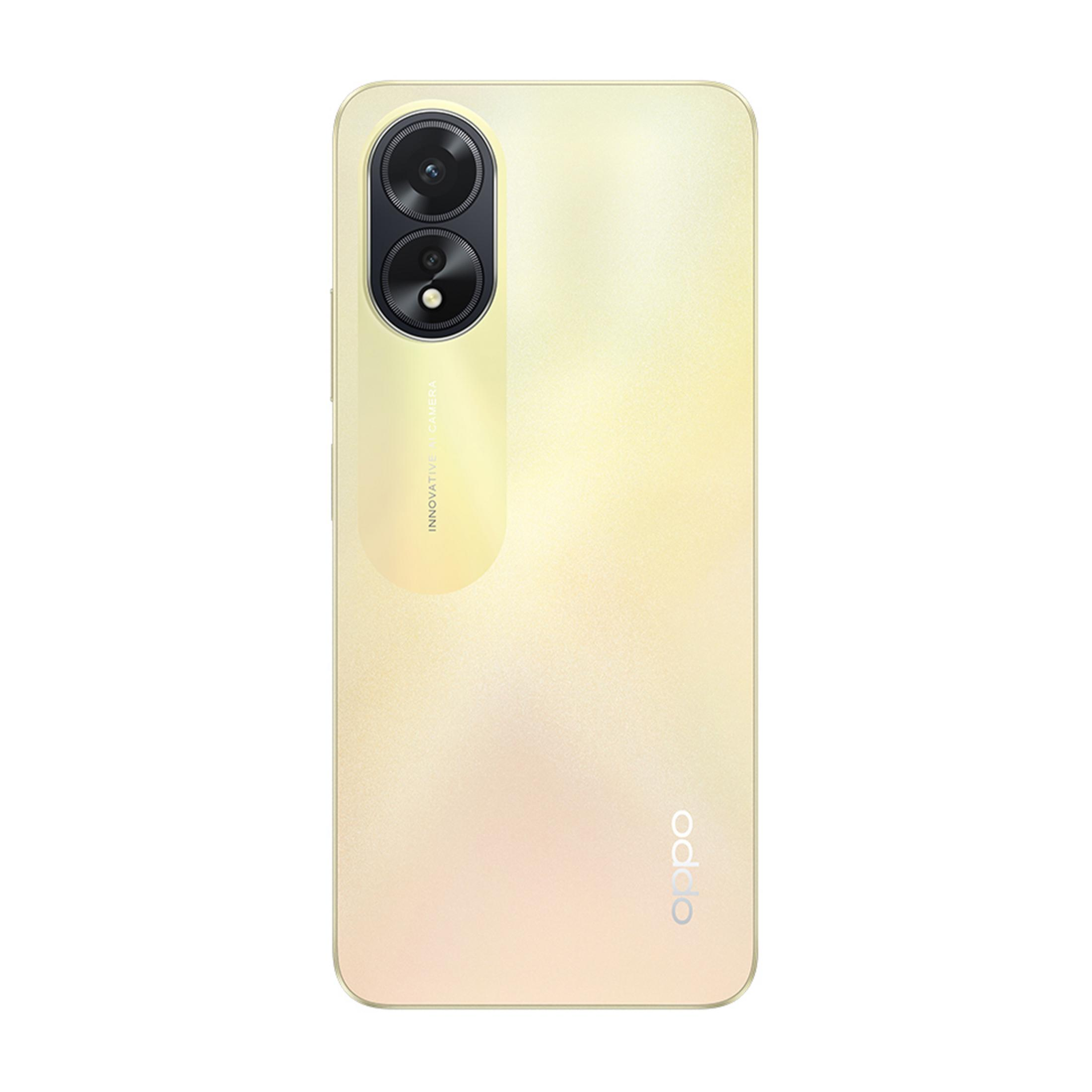 Złoty tył telefonu Oppo z dwoma aparatami i logo Oppo.