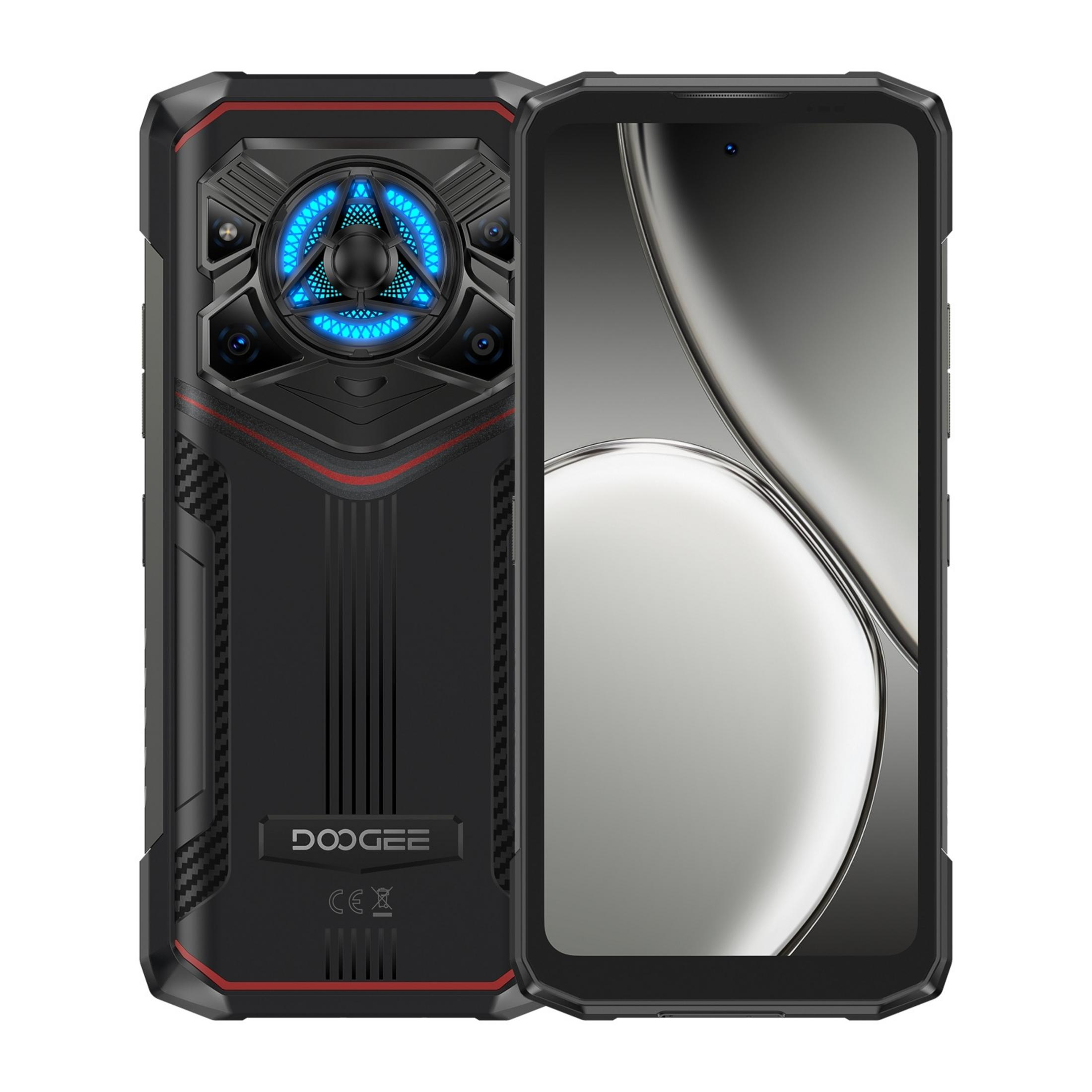 Uno smartphone nero con linea rossa e ventola illuminata sul retro.