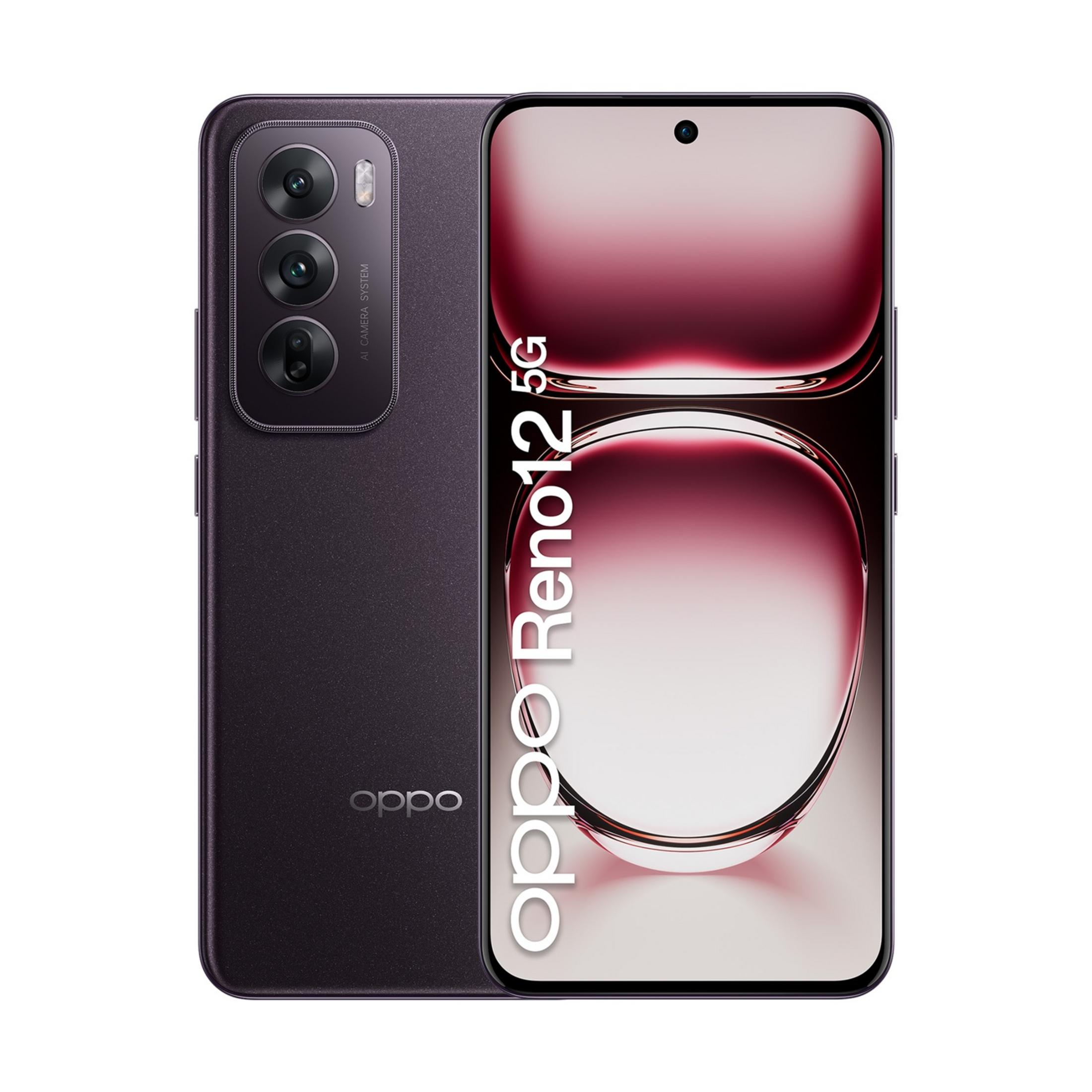 Ciemny smartfon z trzema aparatami, wyświetlający napis Oppo Reno12 5G.