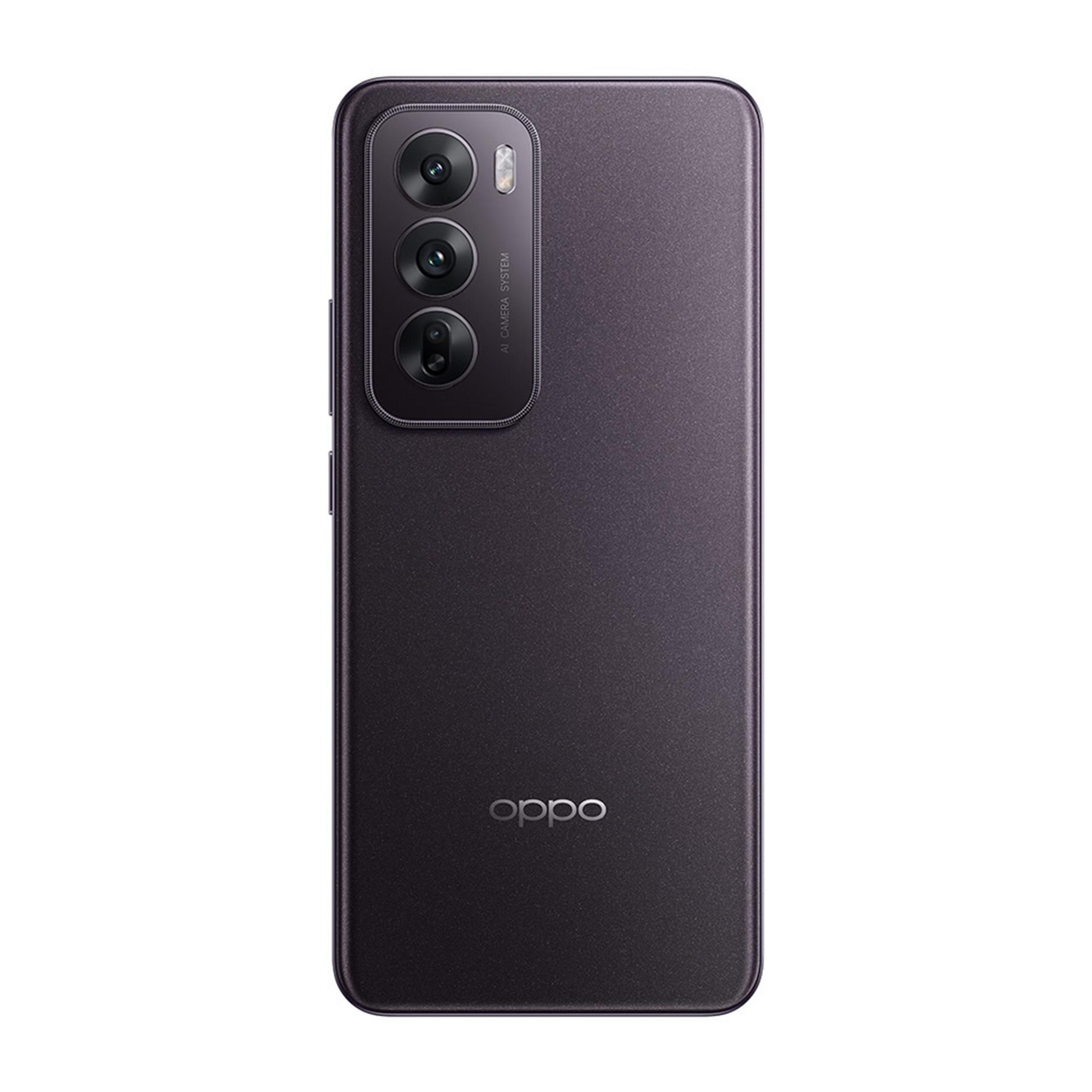 Ciemny smartfon OPPO z potrójnym aparatem i lampą błyskową z tyłu.