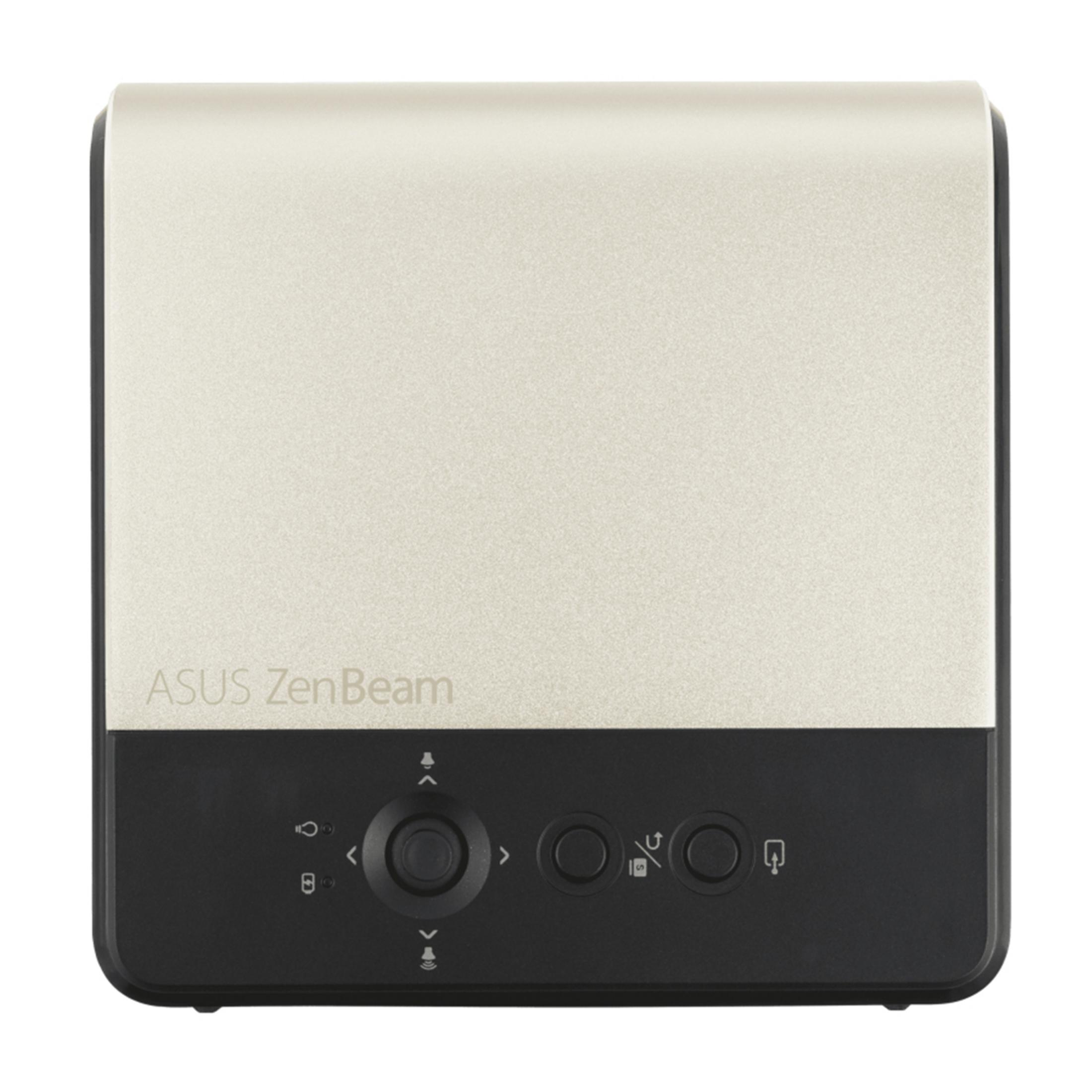 Kompaktowy projektor czarno-beżowy z przyciskami sterującymi i logo ASUS ZenBeam.