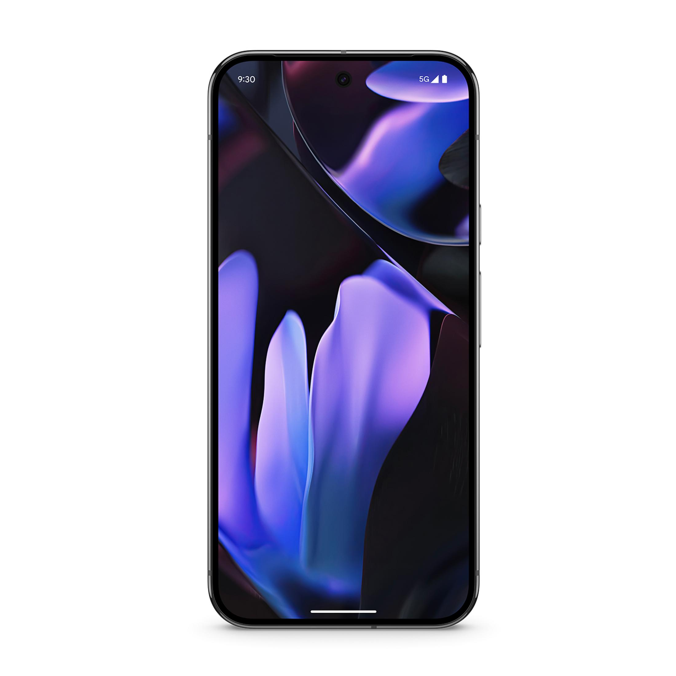 Smartfon wyświetlający dynamiczną, fioletowo-niebieską tapetę.