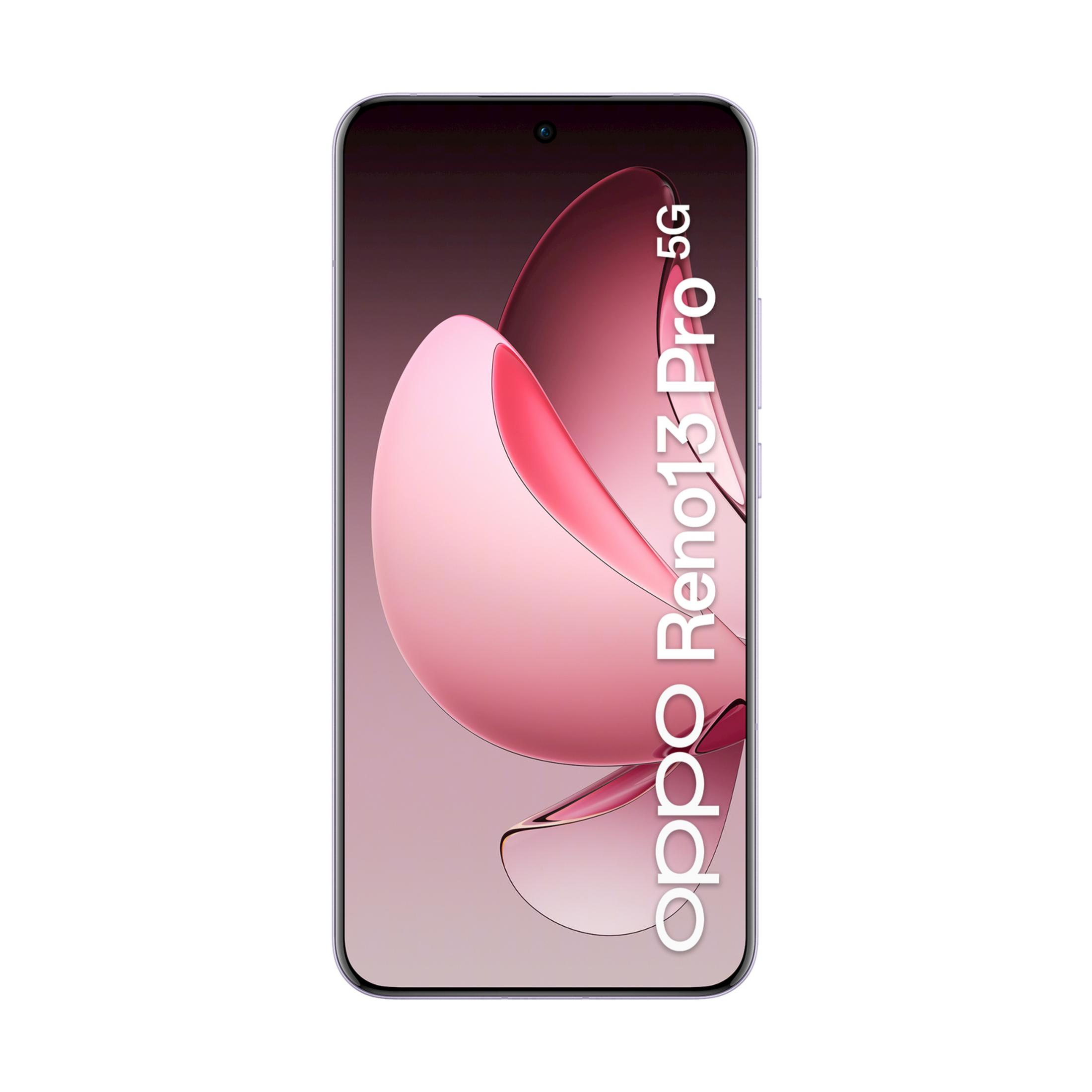 Smartfon Oppo Reno13 Pro 5G z różowym i fioletowym tłem.