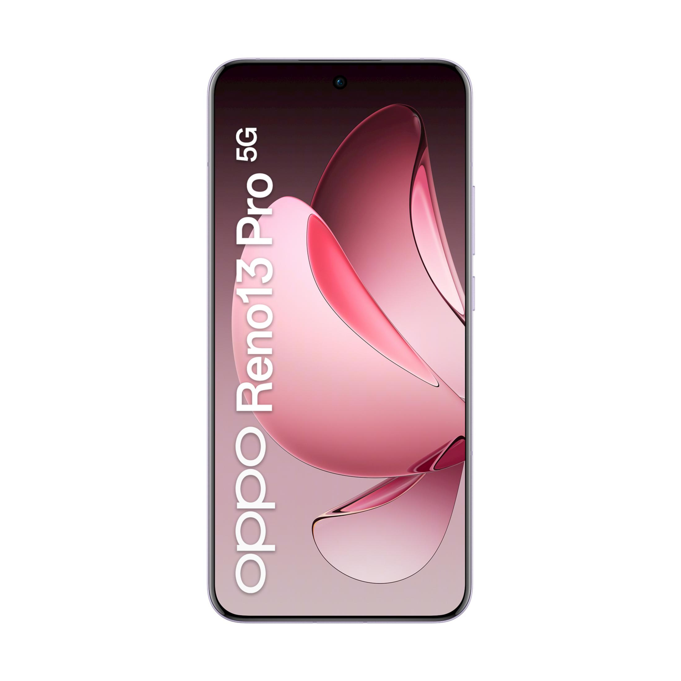 Smartfon OPPO Reno13 Pro 5G na różowym tle z gradientem.