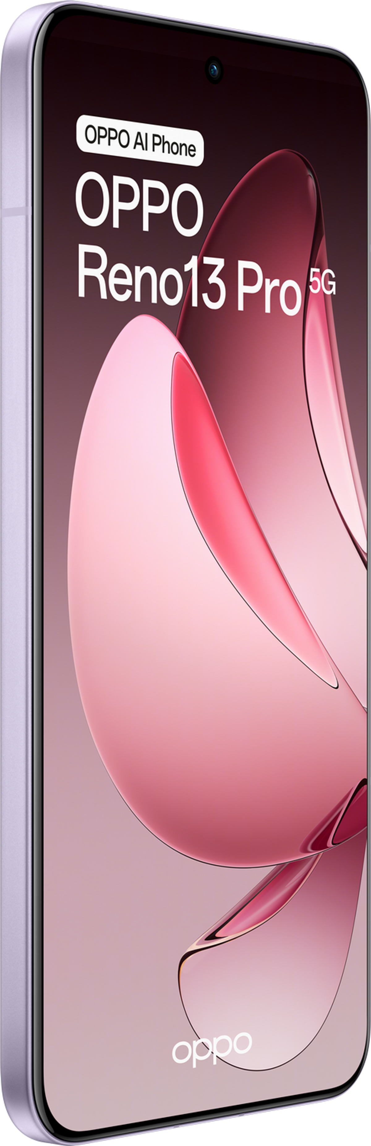 Fioletowy smartfon OPPO Reno13 Pro 5G na stylizowanym różowym tle.