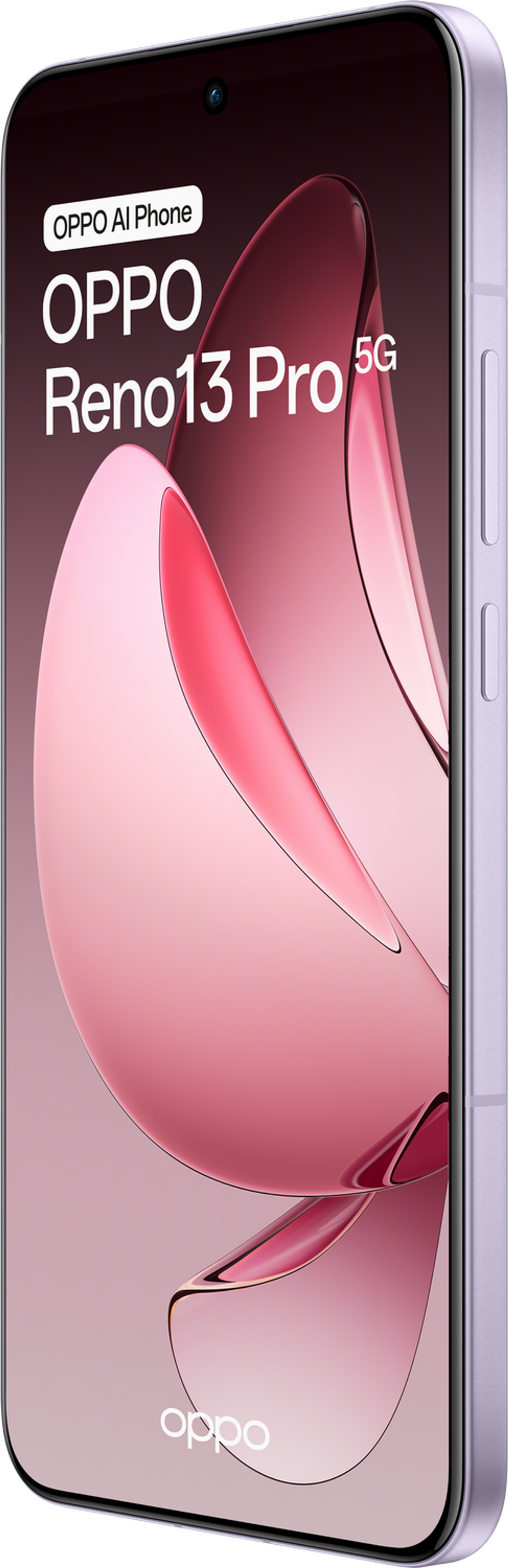 Fioletowy telefon OPPO Reno13 Pro 5G z abstrakcyjnym różowym wzorem na ekranie.