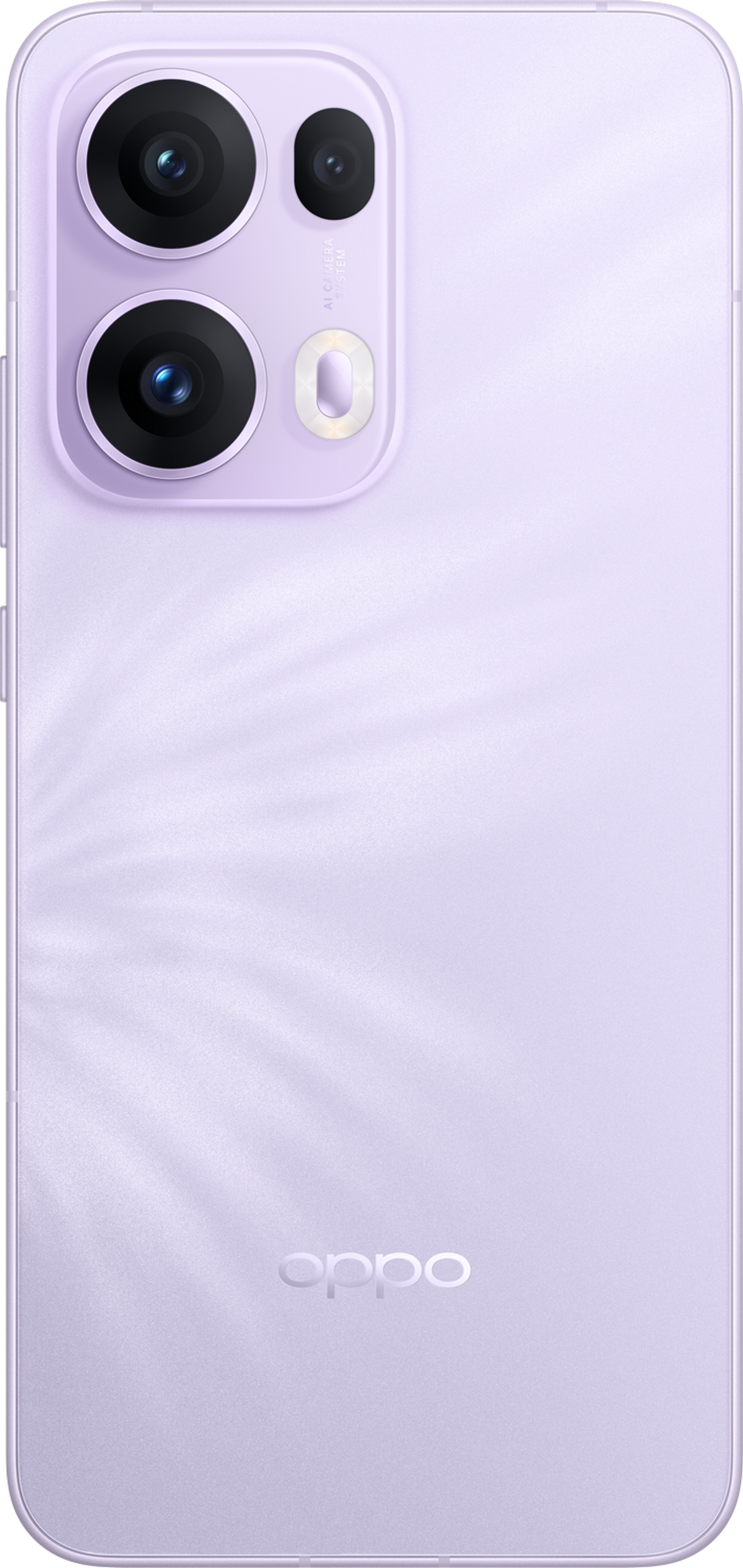Jasnofioletowy telefon OPPO z potrójnym aparatem i teksturowanym wykończeniem.