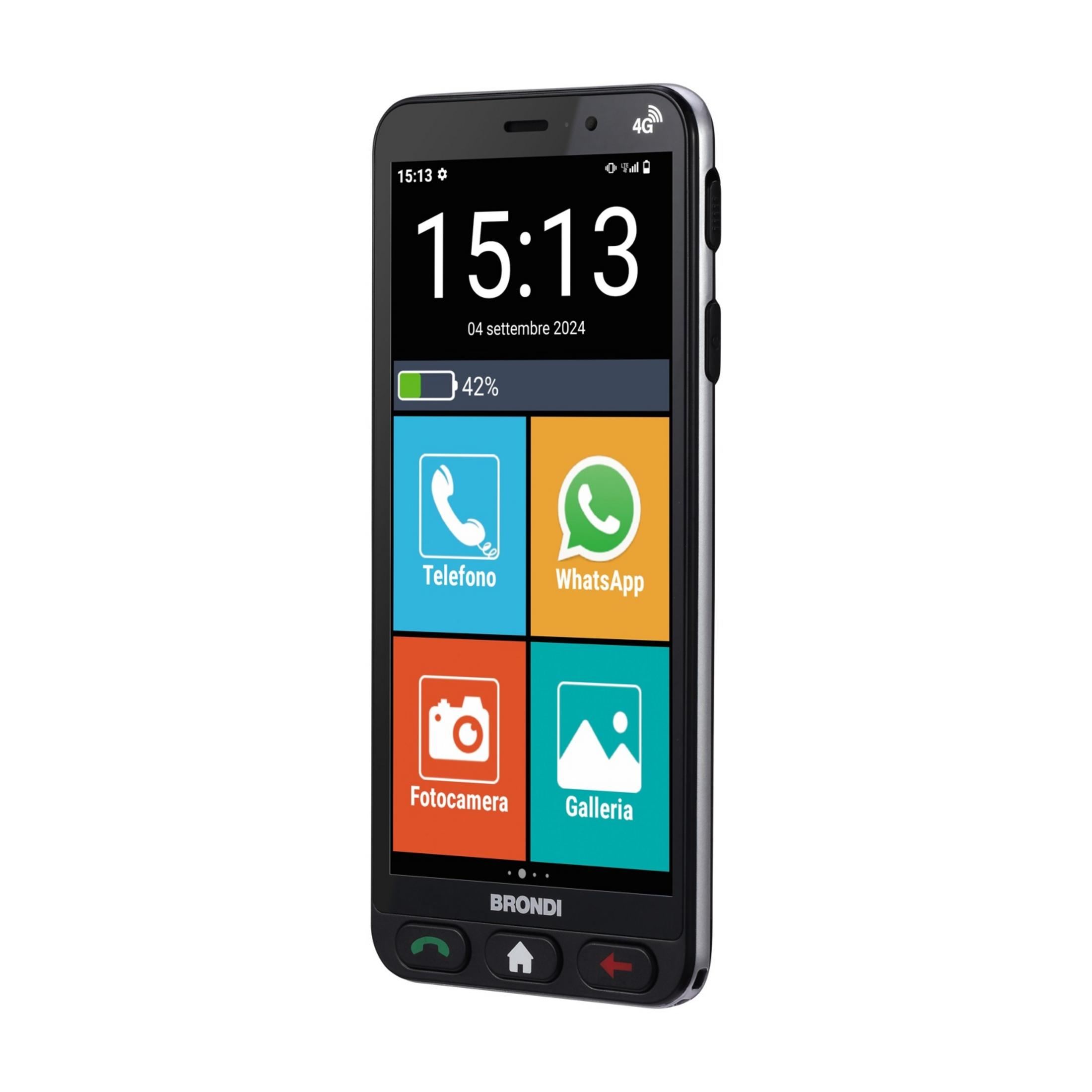 Uno smartphone Brondi con 4 icone sullo schermo: Telefono, WhatsApp, Fotocamera, Galleria.