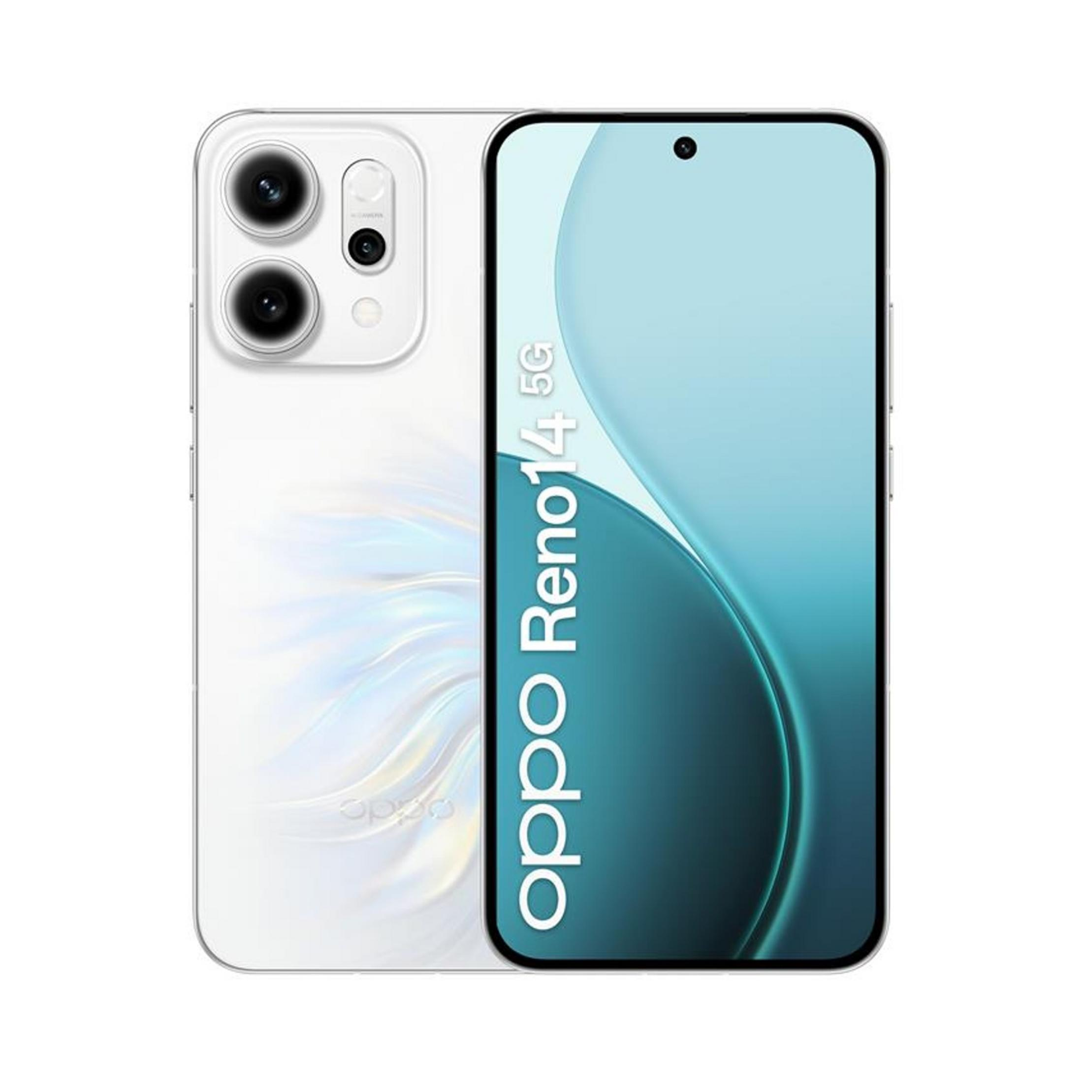 Biały smartfon Oppo Reno 14 5G z modułem aparatu z tyłu.