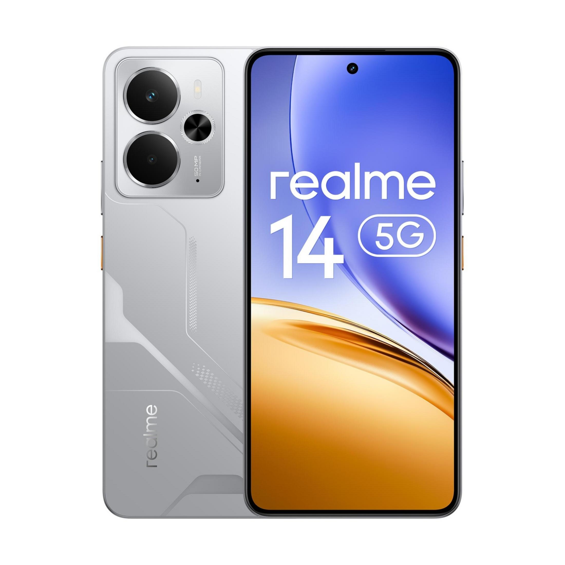 Srebrny smartfon Realme 14 5G z potrójnym aparatem z tyłu.