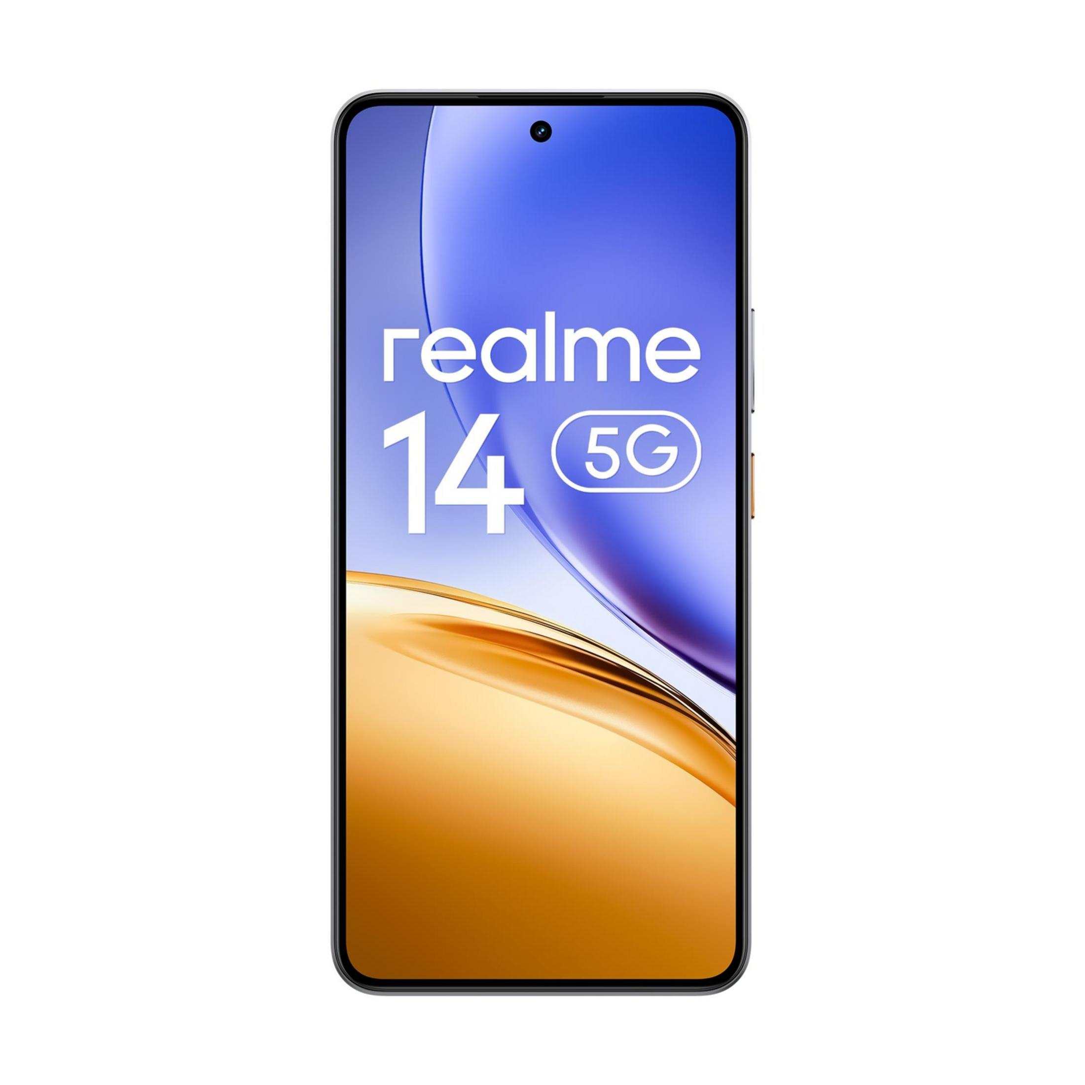Smartfon Realme 14 5G z niebiesko-złotym tłem gradientowym.