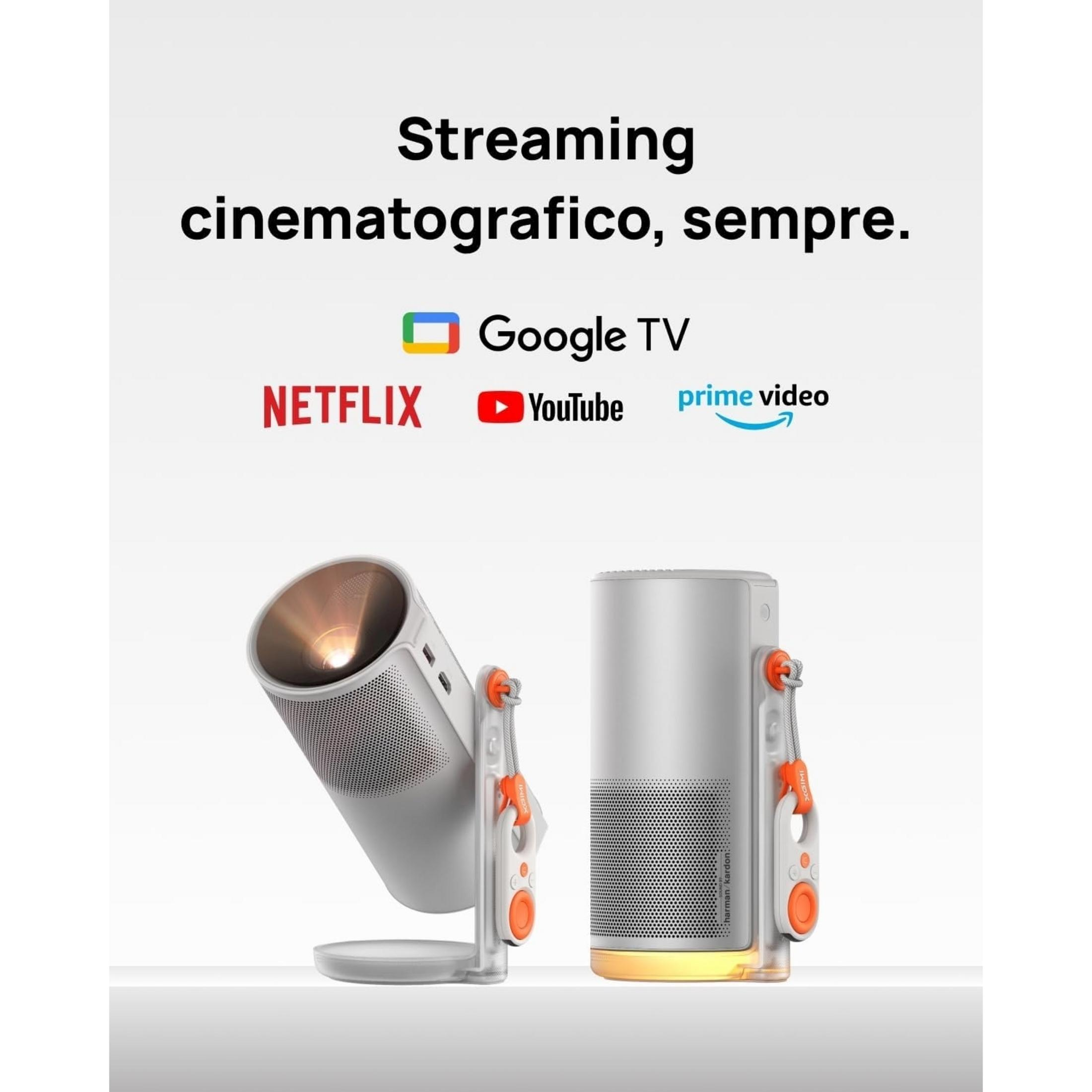 Dwa białe projektory, jeden pod kątem, z logo Netflix, YouTube, Prime Video.