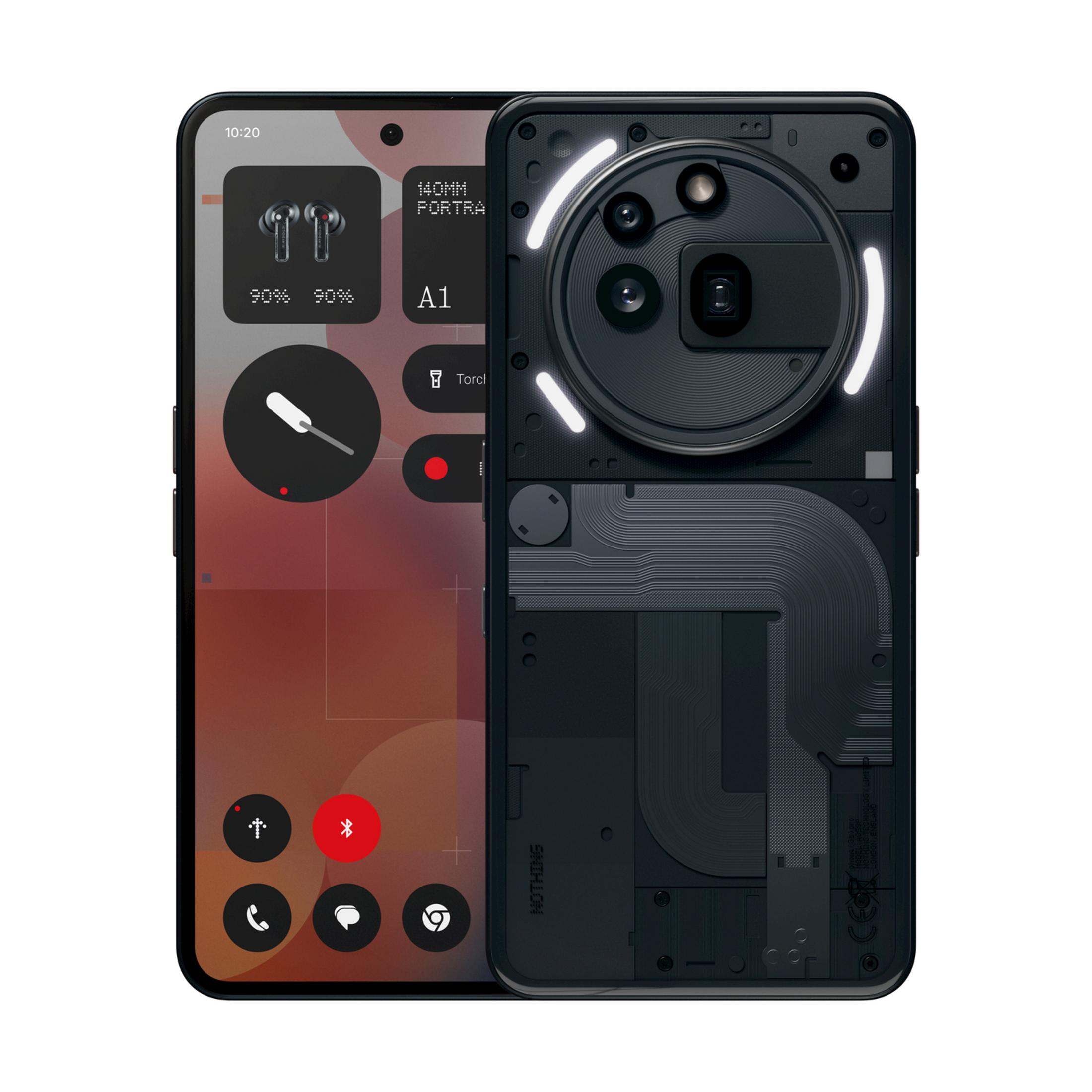 Ein schwarzes Smartphone mit transparentem Rückenteil und leuchtenden Lichtern.