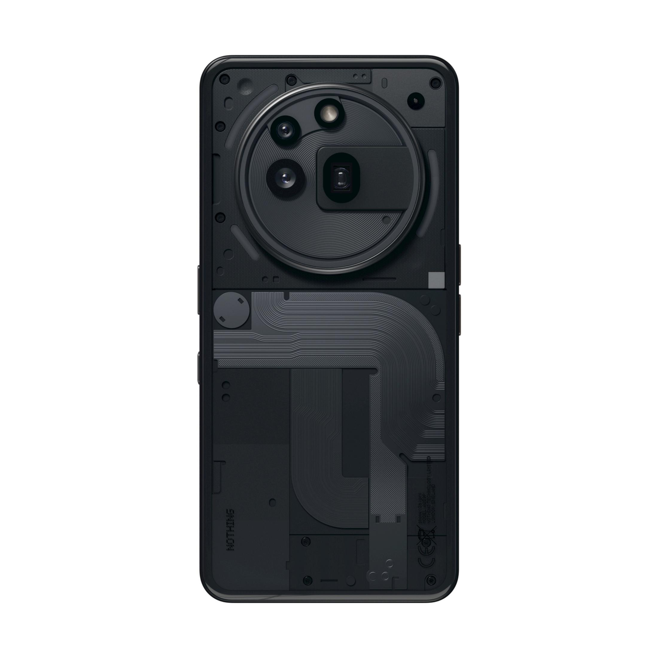 Retro di uno smartphone nero con design trasparente che mostra i componenti interni.