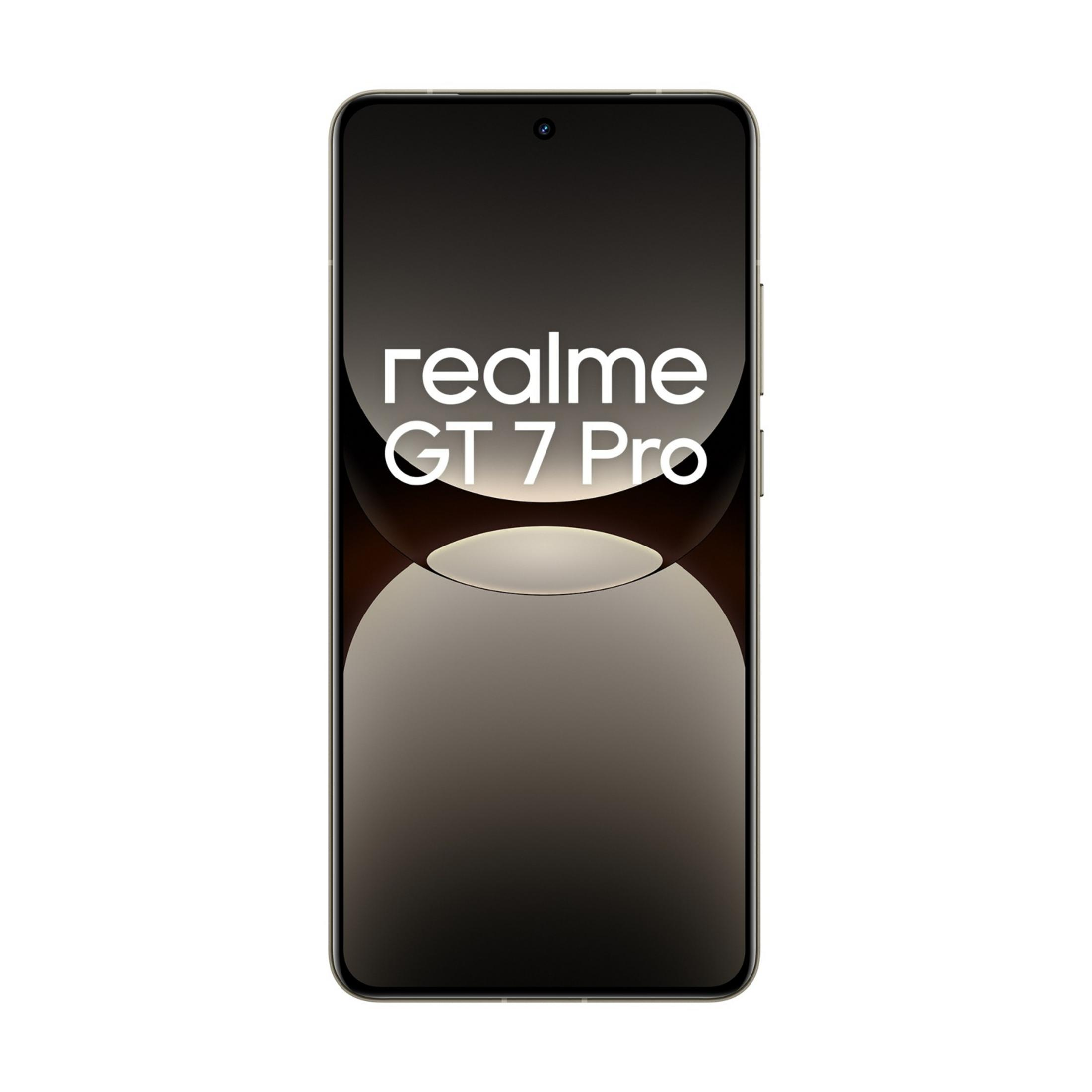 Szary smartfon z napisem "realme GT 7 Pro" na ekranie.