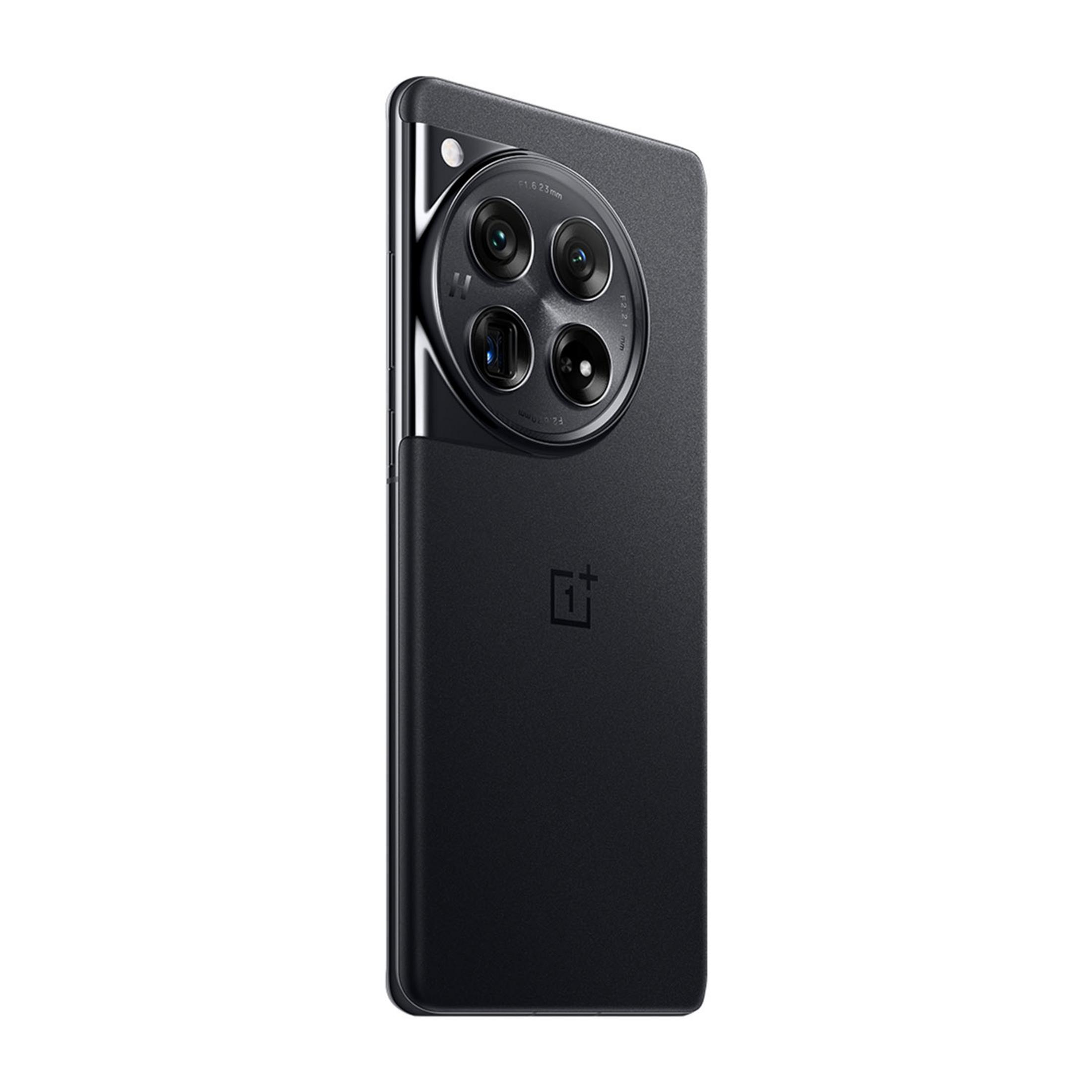 Black smartphone with a quad camera array and logo on the back.