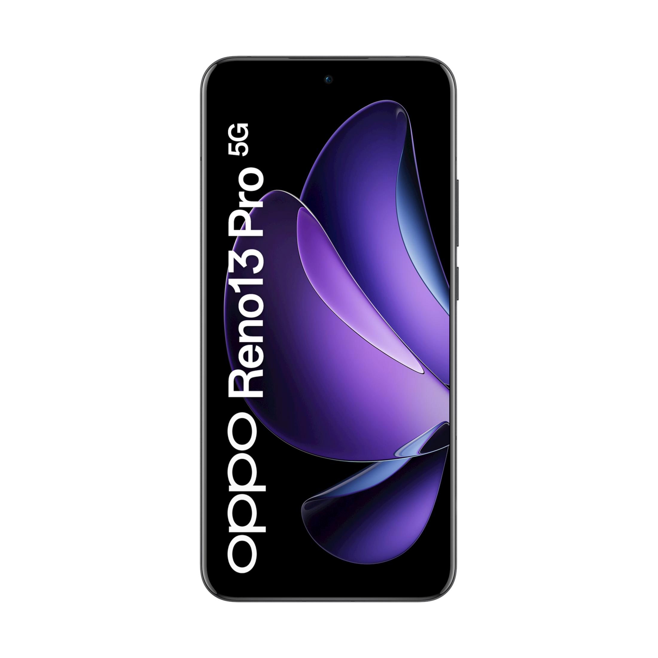Ein schwarzes Smartphone mit violettem Hintergrund und Text.