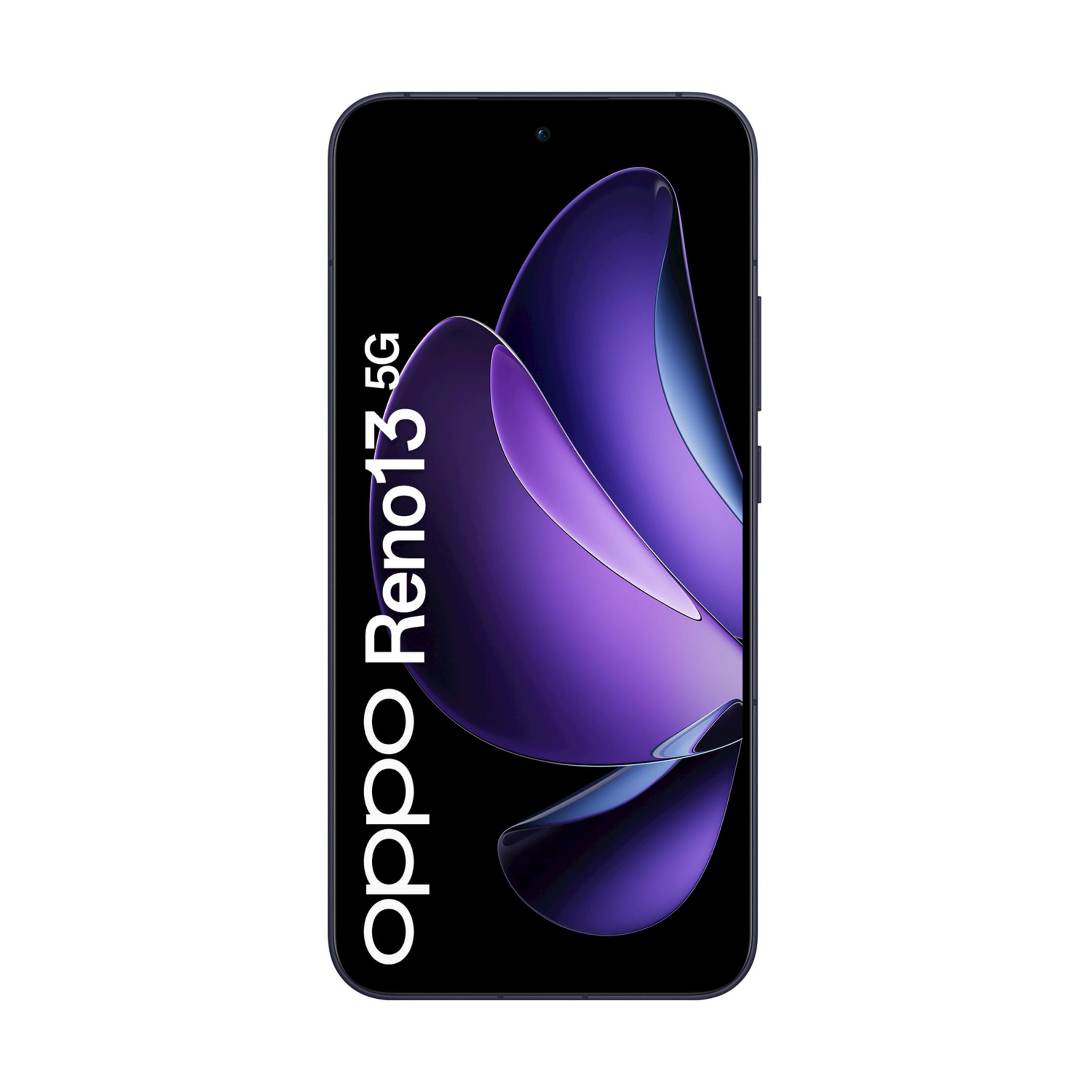 Czarny smartfon z logo "oppo Reno13 5G" i fioletowym tłem graficznym.