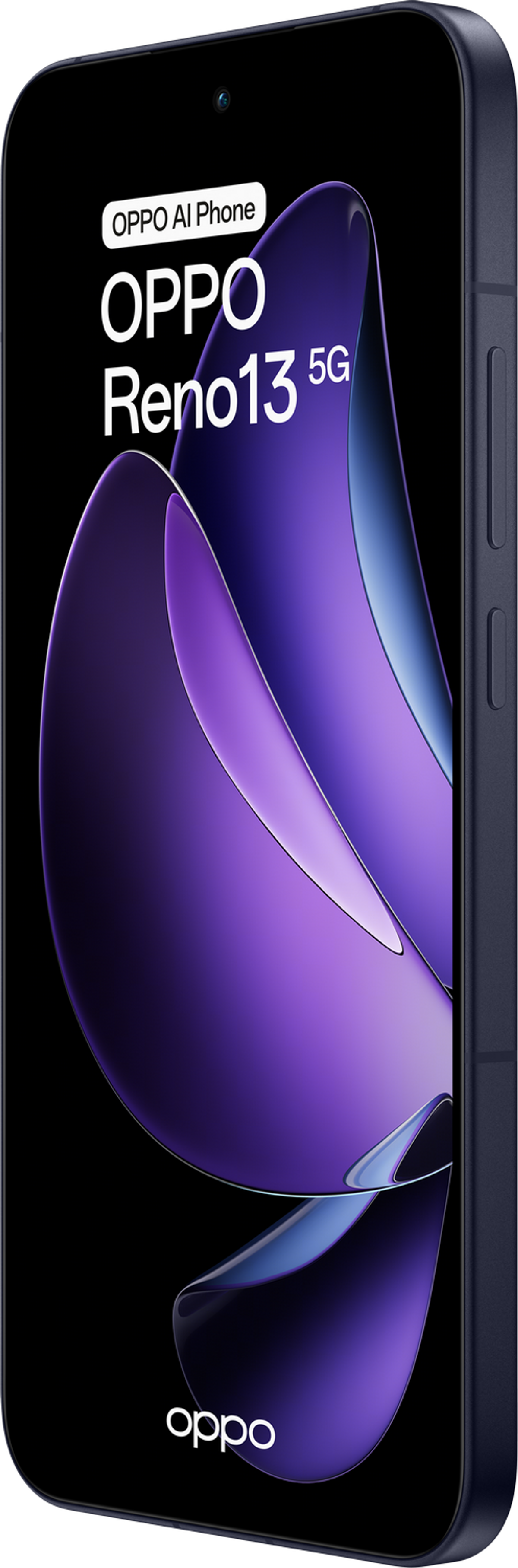 Ciemnoniebieski telefon OPPO Reno13 5G z fioletową grafiką AI na ekranie.