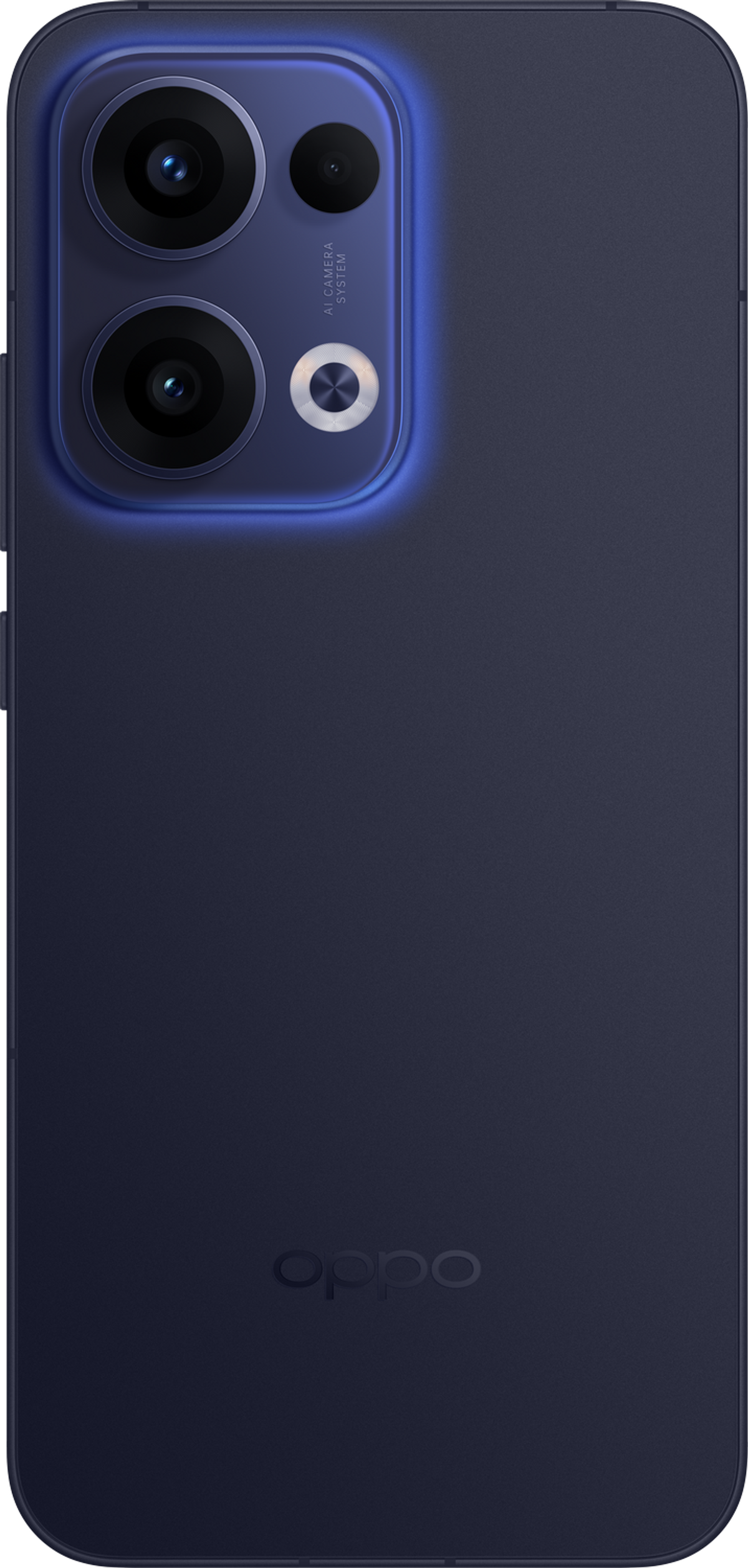 Ciemnoniebieski smartfon OPPO z kwadratowym modułem aparatu i trzema obiektywami.