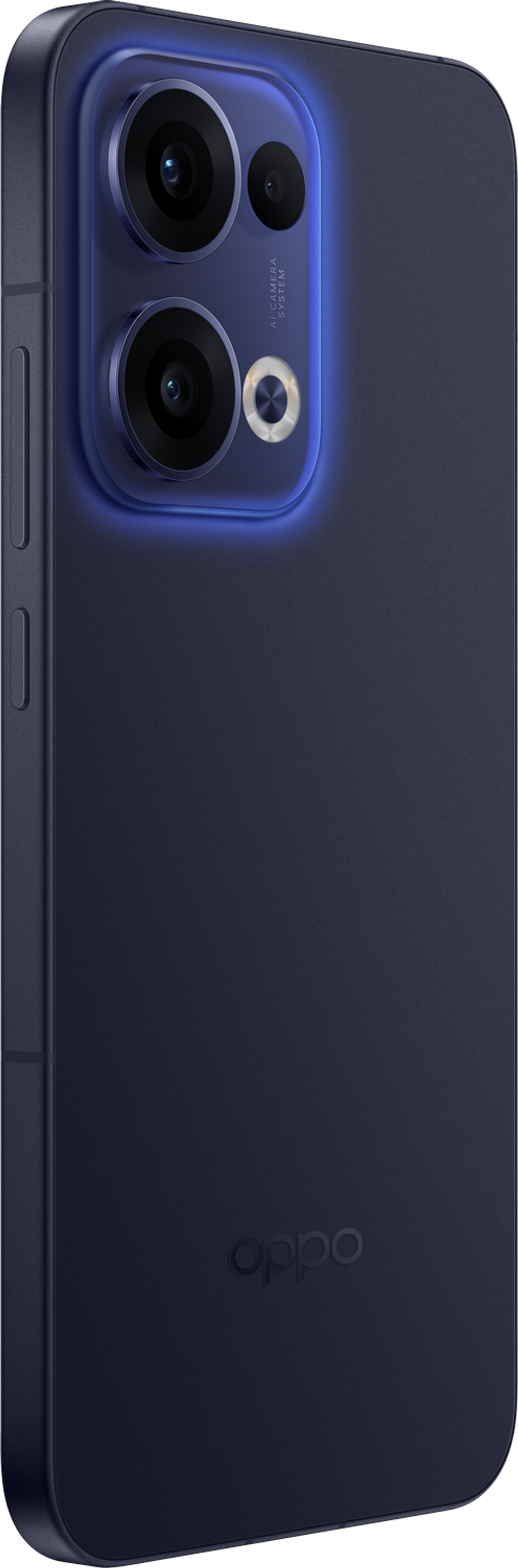 Ciemnoniebieski smartfon z potrójnym aparatem i logo OPPO.