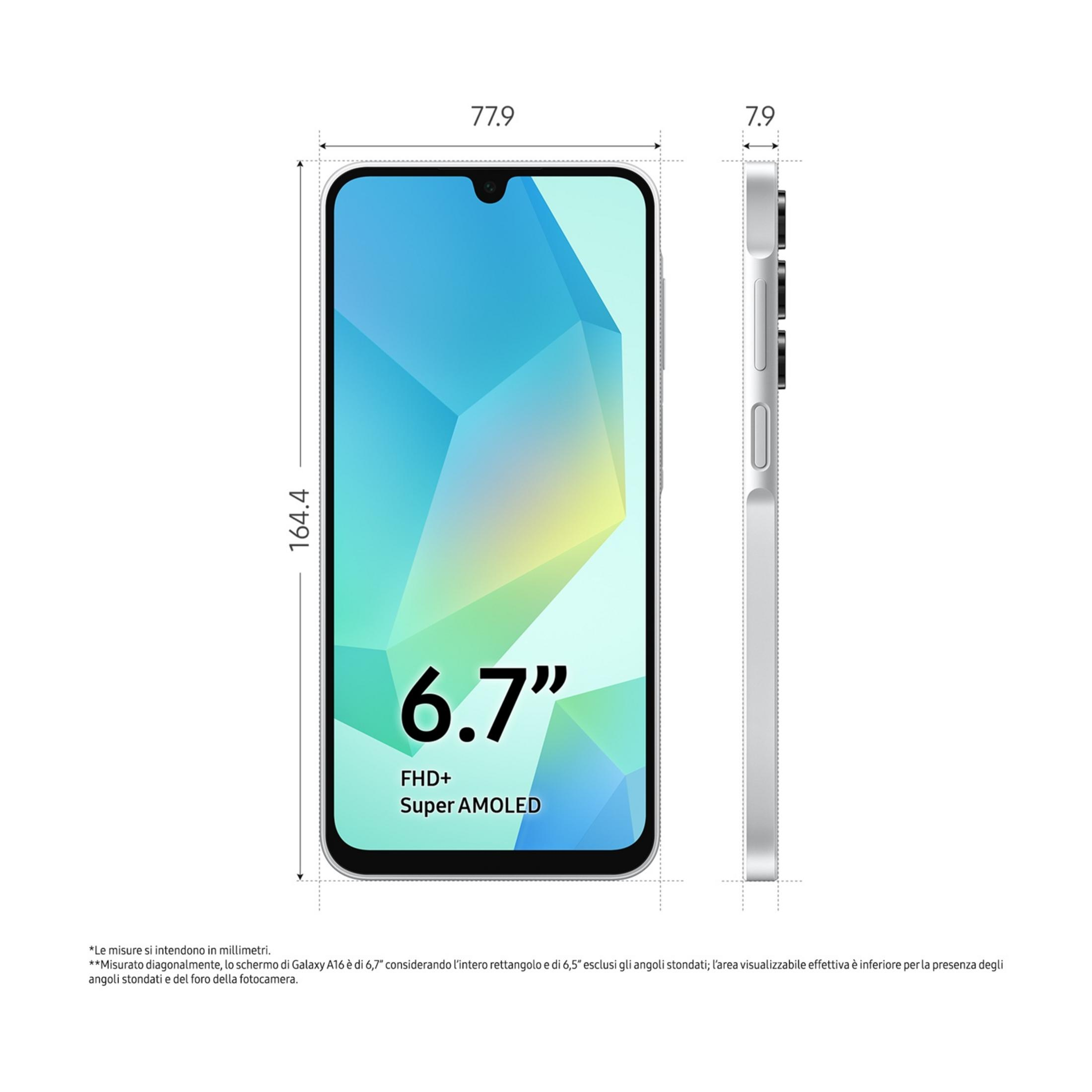 Uno smartphone con display da 6,7 pollici, altezza 164,4 mm, larghezza 77,9 mm, spessore 7,9 mm.