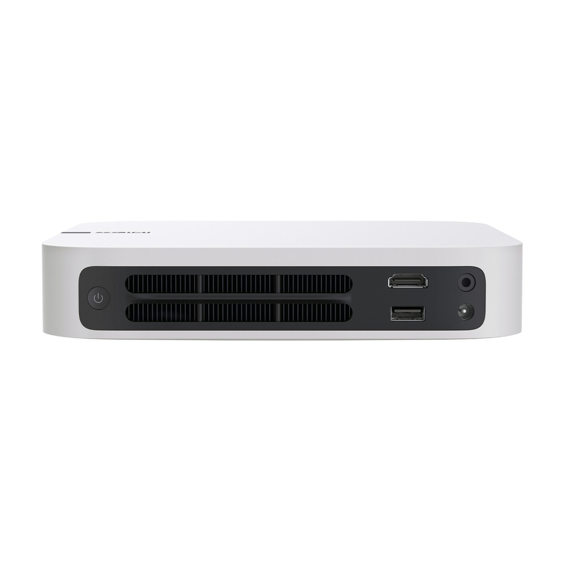 Ein weißer Mini-PC mit Lufteinlass, Ein/Aus-Taste und Anschlüssen.