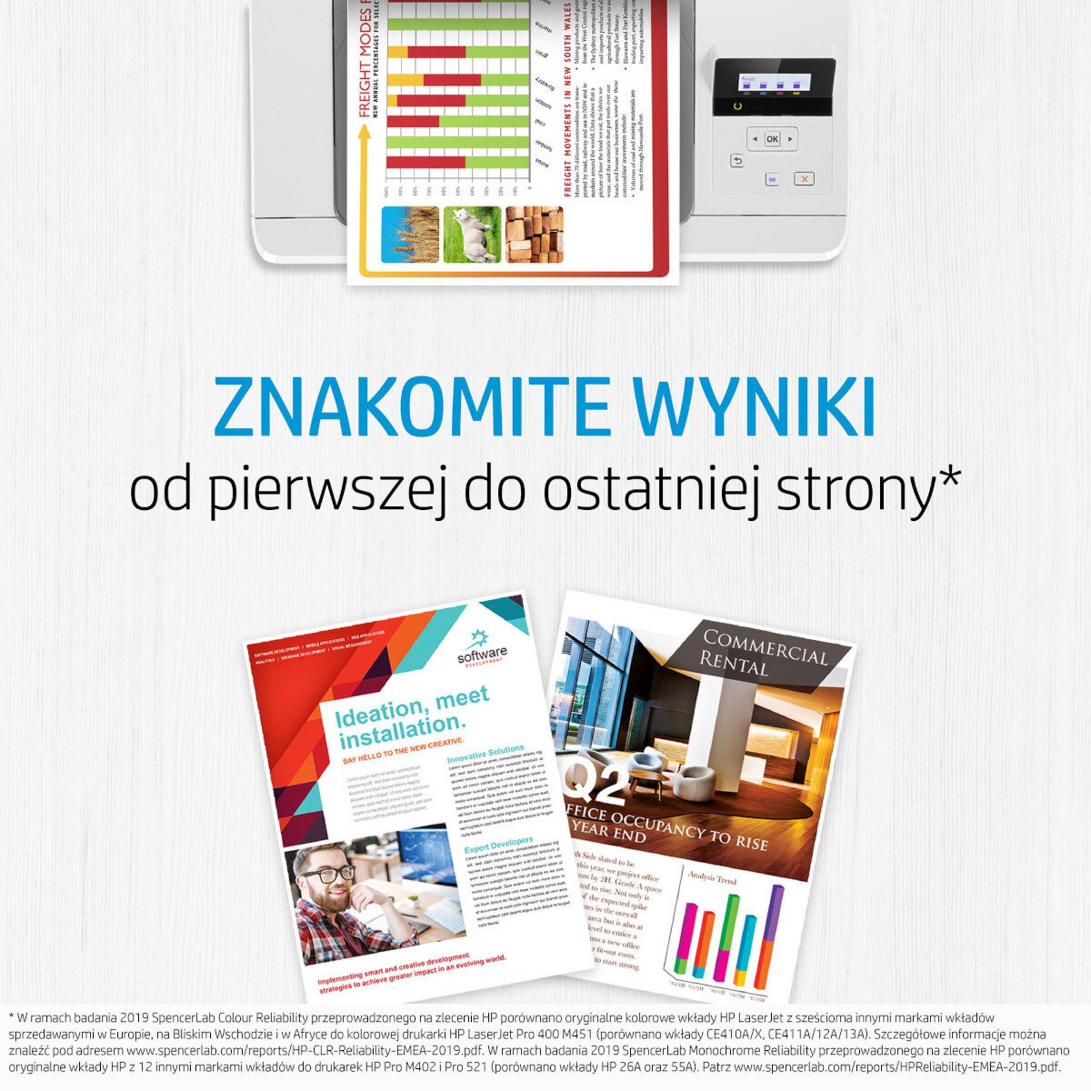 Drukarka drukuje broszurę z wykresami i tekstem o ruchu towarowym i zajętości biur.
