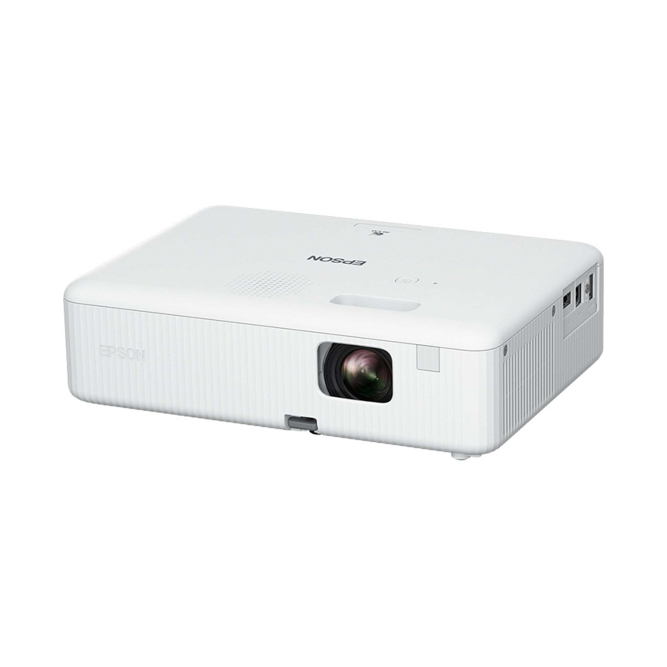 Projecteur Epson blanc avec lentille avant et ports latéraux.