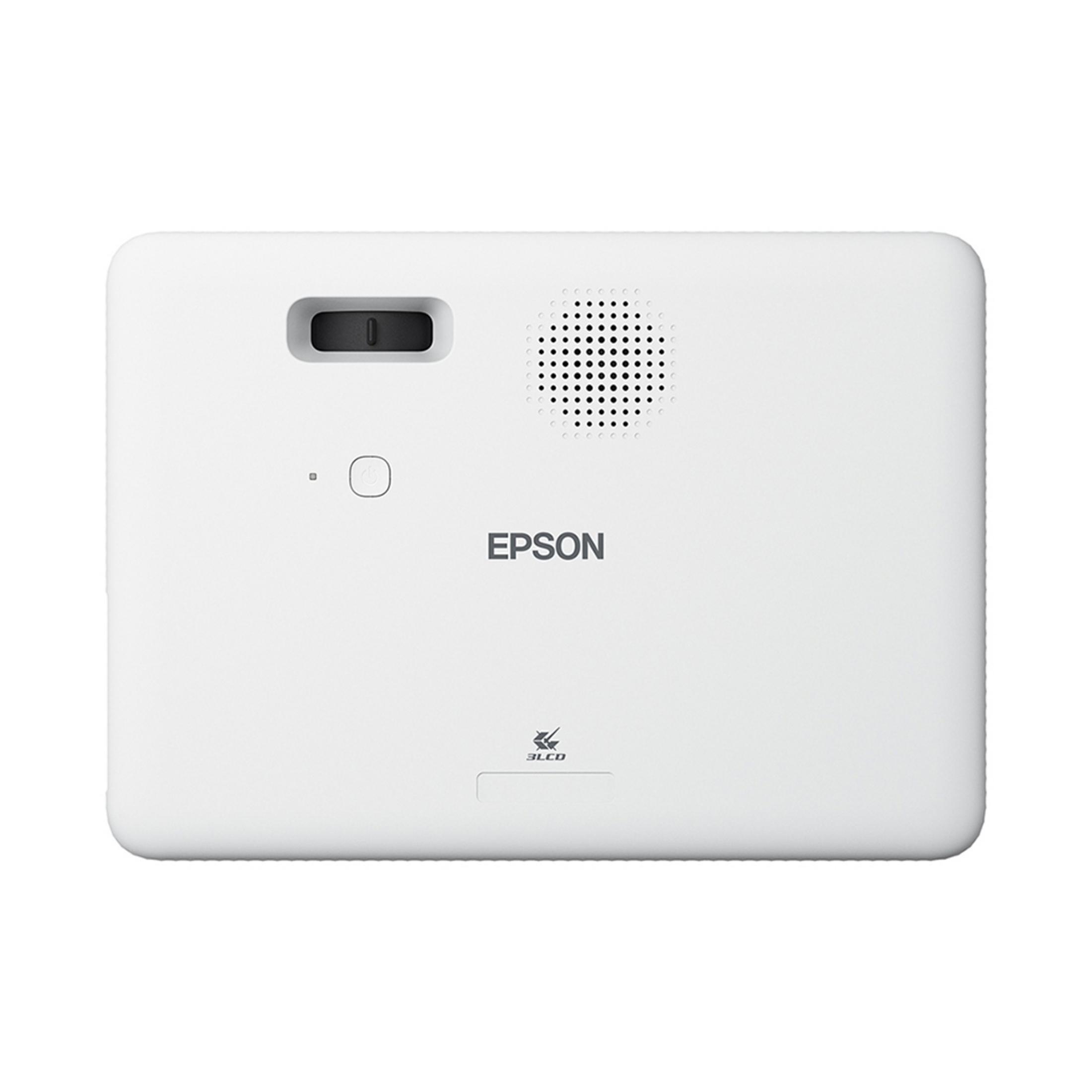 Un projecteur Epson blanc avec lentille, grille de haut-parleur et logo.