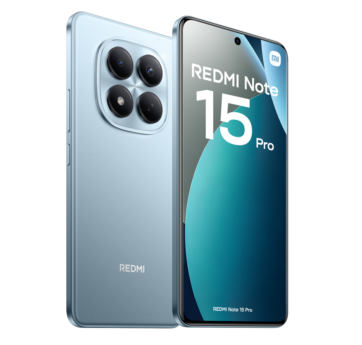 Lichtblauwe Redmi Note 15 Pro smartphone met vier camera's aan de achterkant.