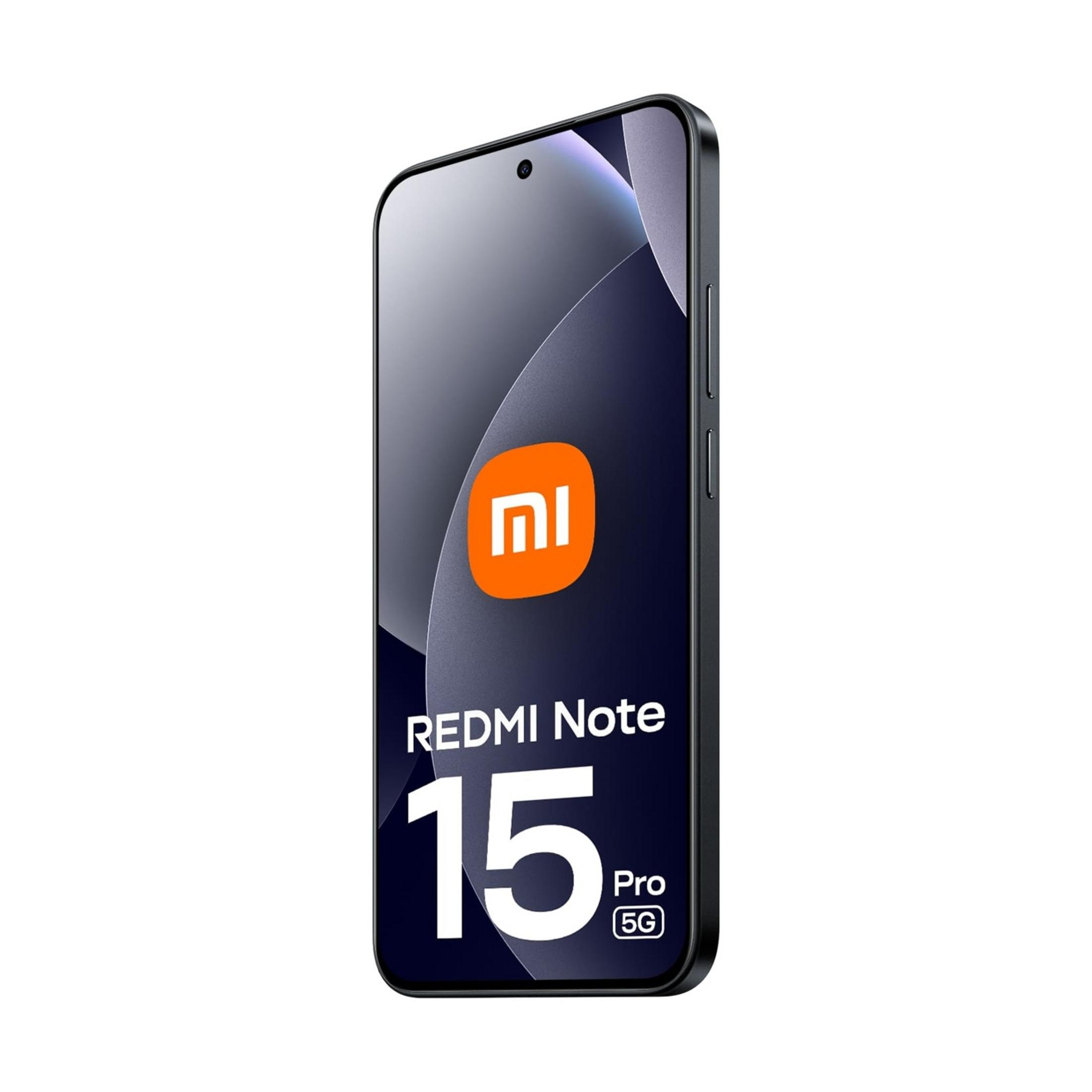Smartphone noir Xiaomi Redmi Note 15 Pro 5G avec logo Mi orange sur l'écran.