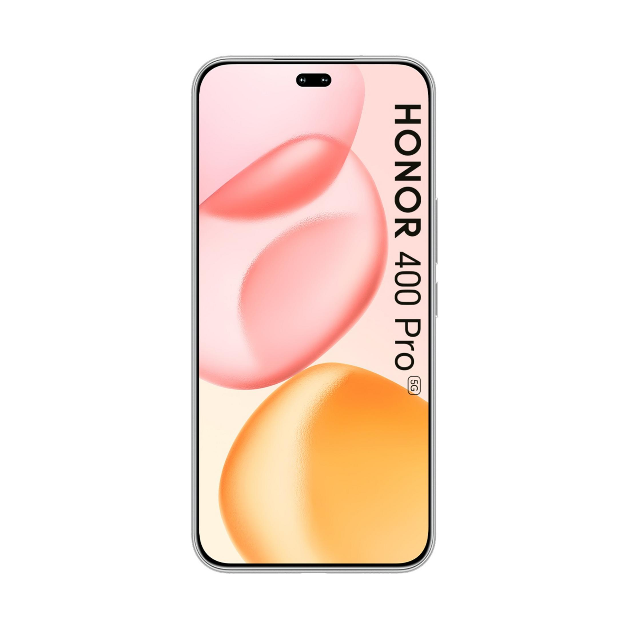 Smartfon Honor 400 Pro z 5G i podwójnym przednim aparatem na białym tle.