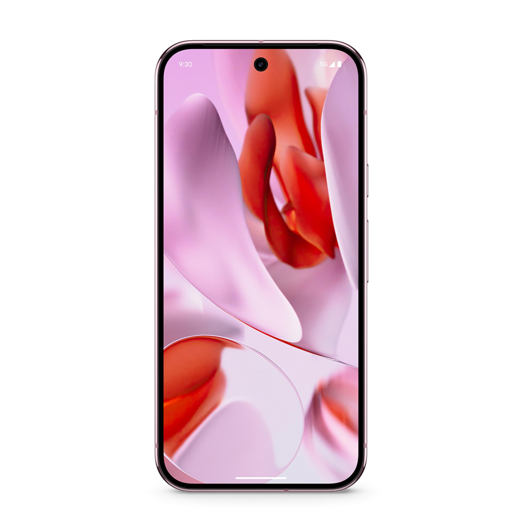 Różowy smartfon z abstrakcyjnym tłem z czerwonych i różowych kształtów.