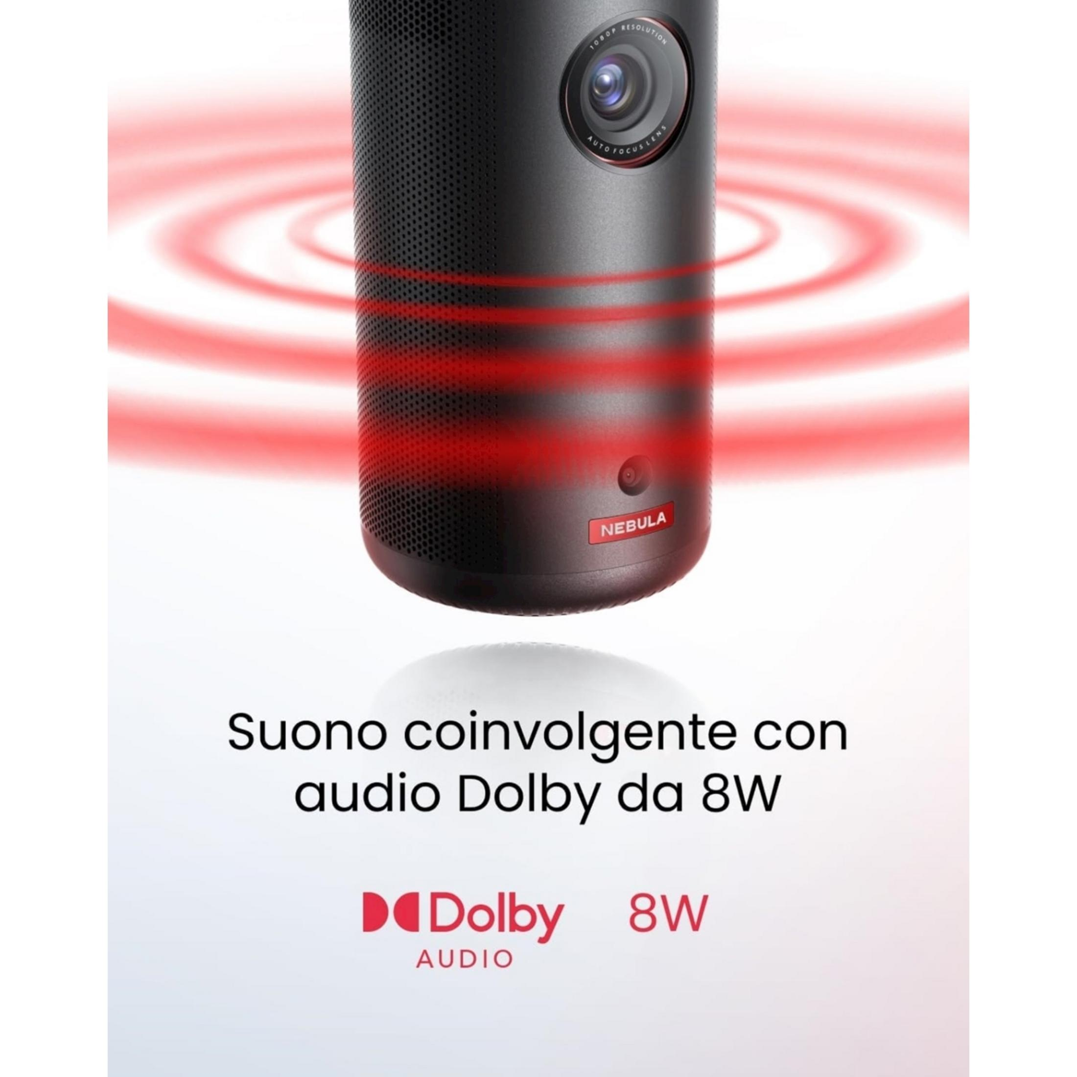 Czarny projektor z czerwonymi falami dźwiękowymi. Dolby Audio 8W.